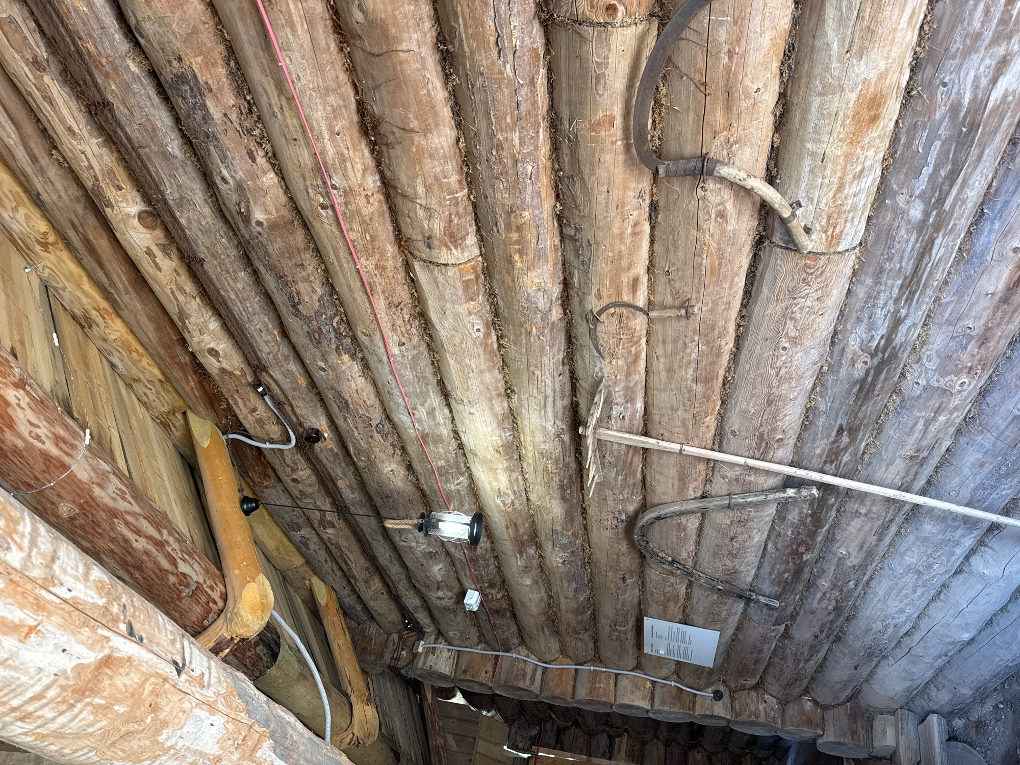 The image shows the interior of a log cabin in Gora (Khokhlovskoe S/P), Russia. The walls and ceiling are constructed from rough-hewn logs. Various items are mounted on the log wall, including a lantern hanging from the ceiling by a rope, a sickle, and what appears to be a wooden yoke. Electrical wiring and conduits are also visible, indicating modern amenities within the rustic structure. The overall impression is one of a historical exhibit or a preserved dwelling.