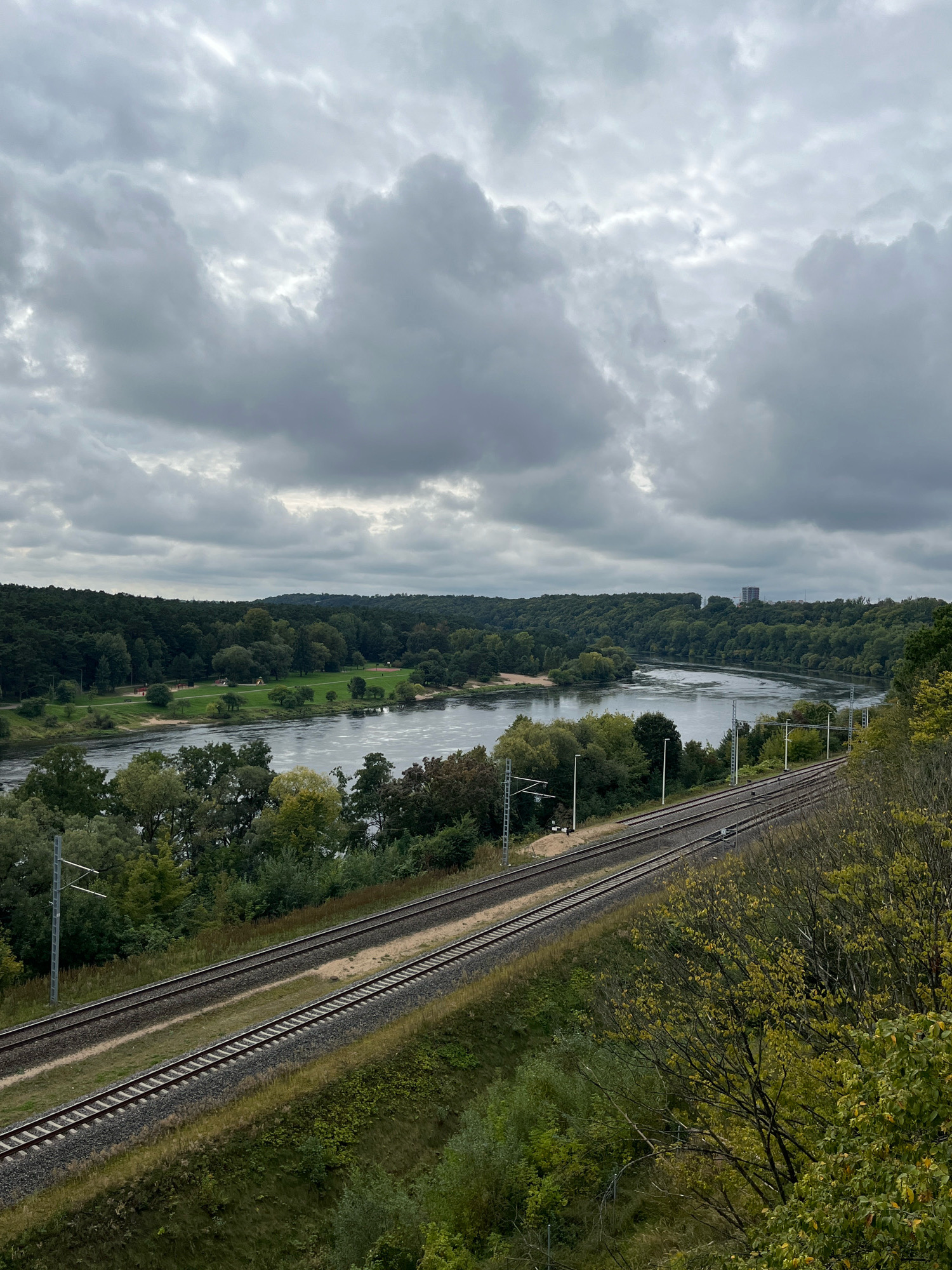 An elevated, wide shot captures a scenic view of Kaunas, Lithuania, on an overcast day. The foreground is dominated by a steep, grassy embankment covered with green and yellow foliage. Two parallel train tracks run diagonally across the lower half of the frame, descending from the upper left to the lower right. Beyond the tracks, a wide, tranquil river flows, reflecting the cloudy sky. The riverbanks are lined with lush green trees, forming a dense forest that stretches across the mid-ground. On the far bank, a park-like area with scattered trees and open grassy spaces is visible. In the distance, a tall, modern building stands out against the tree line, hinting at the city's urban presence. The sky is filled with heavy, gray clouds, creating a subdued and atmospheric mood.