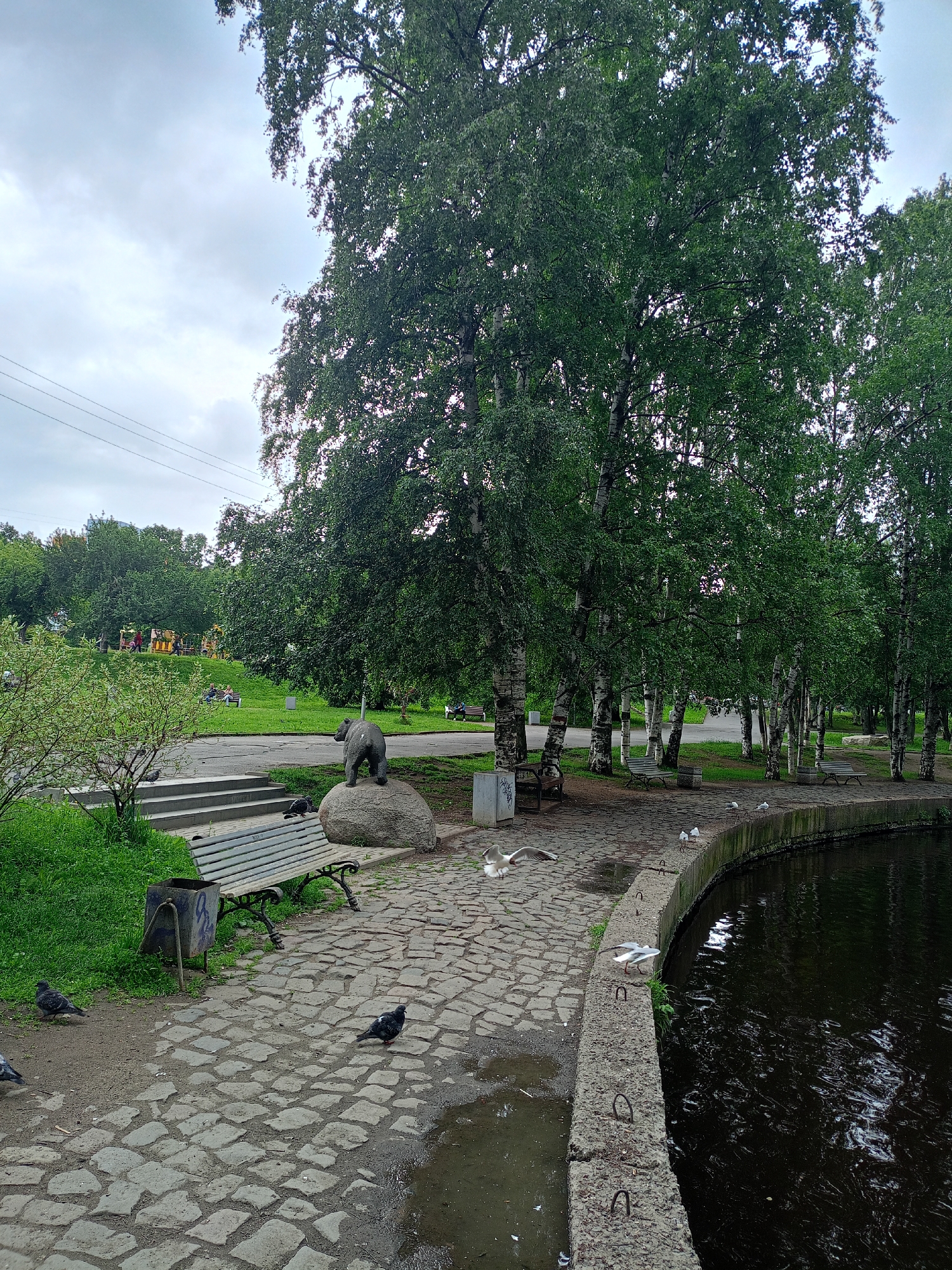 In an outdoor park scene with overcast skies, a paved pathway curves along the edge of a dark body of water. The pathway is constructed of irregular cobblestones. To the left of the pathway, a metal park bench sits on the cobblestones, with a dark metal trash receptacle next to it. Further left, a set of concrete stairs leads up to a grassy embankment. A small, dark statue of a bear stands on a large boulder near the pathway. Several pigeons are present on the pathway. Further back, a line of birch trees with green foliage runs along the pathway. Beyond the trees, a green lawn slopes upwards, with several people visible in the distance, some sitting on benches and others near colorful playground equipment. In the far distance, power lines are visible against the sky. Several seagulls are near the water's edge and one is in flight above the pathway.