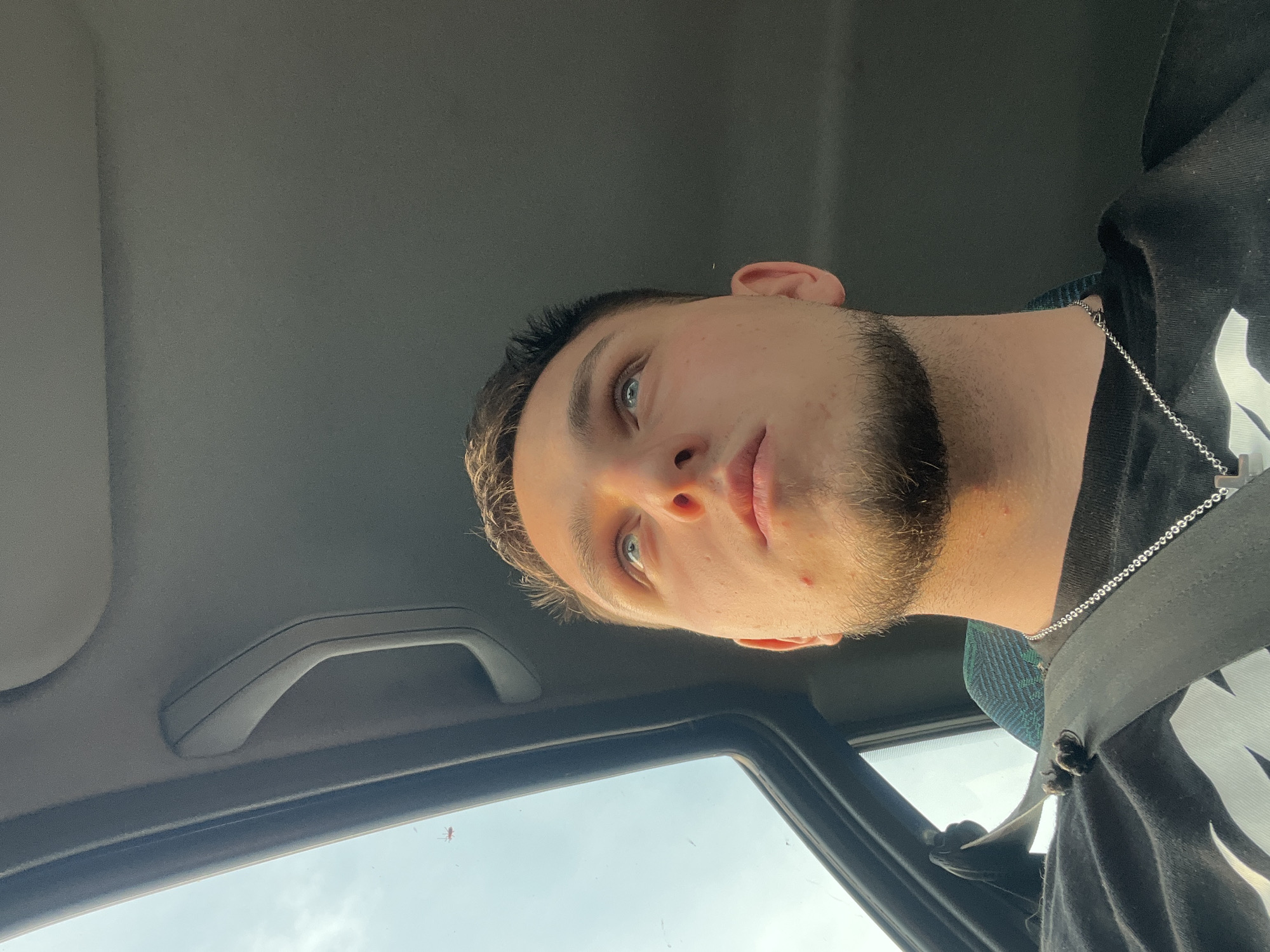 A young man with short dark hair, a goatee, and blue eyes is looking upwards, his face illuminated by sunlight. He is in the passenger seat of a car, indicated by the visible seatbelt across his chest and the car's interior, including the headliner and a portion of the dashboard. The open sunroof reveals a bright, hazy sky. The man is wearing a black t-shirt with a graphic print and a silver chain necklace. The car appears to be in motion or parked outdoors, given the sky visible through the sunroof. No specific urban or natural landmarks are discernible, and no indication of the city of Войводино, Bulgaria is present within the image itself.