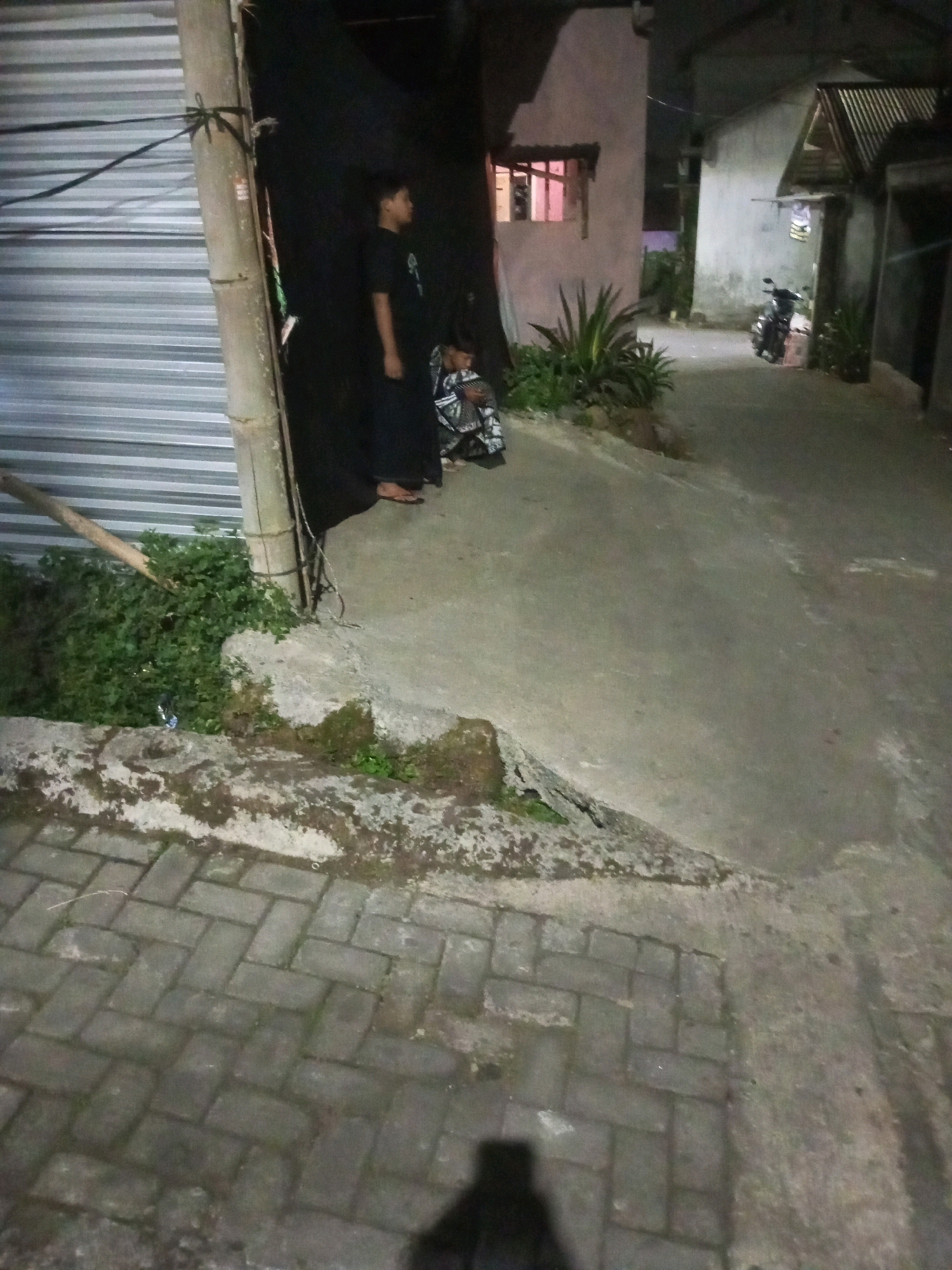 The image depicts a narrow, dimly lit alleyway at night in Andongsili, Indonesia. A person in dark clothing stands near a corrugated metal structure and a bamboo pole. Another individual is seated on the ground, wearing patterned clothing. In the background, a motorcycle is parked outside a building with a light-colored facade and a corrugated roof. Greenery is visible on the left side of the alley and near the seated person. The ground is a mixture of concrete and interlocking pavers.