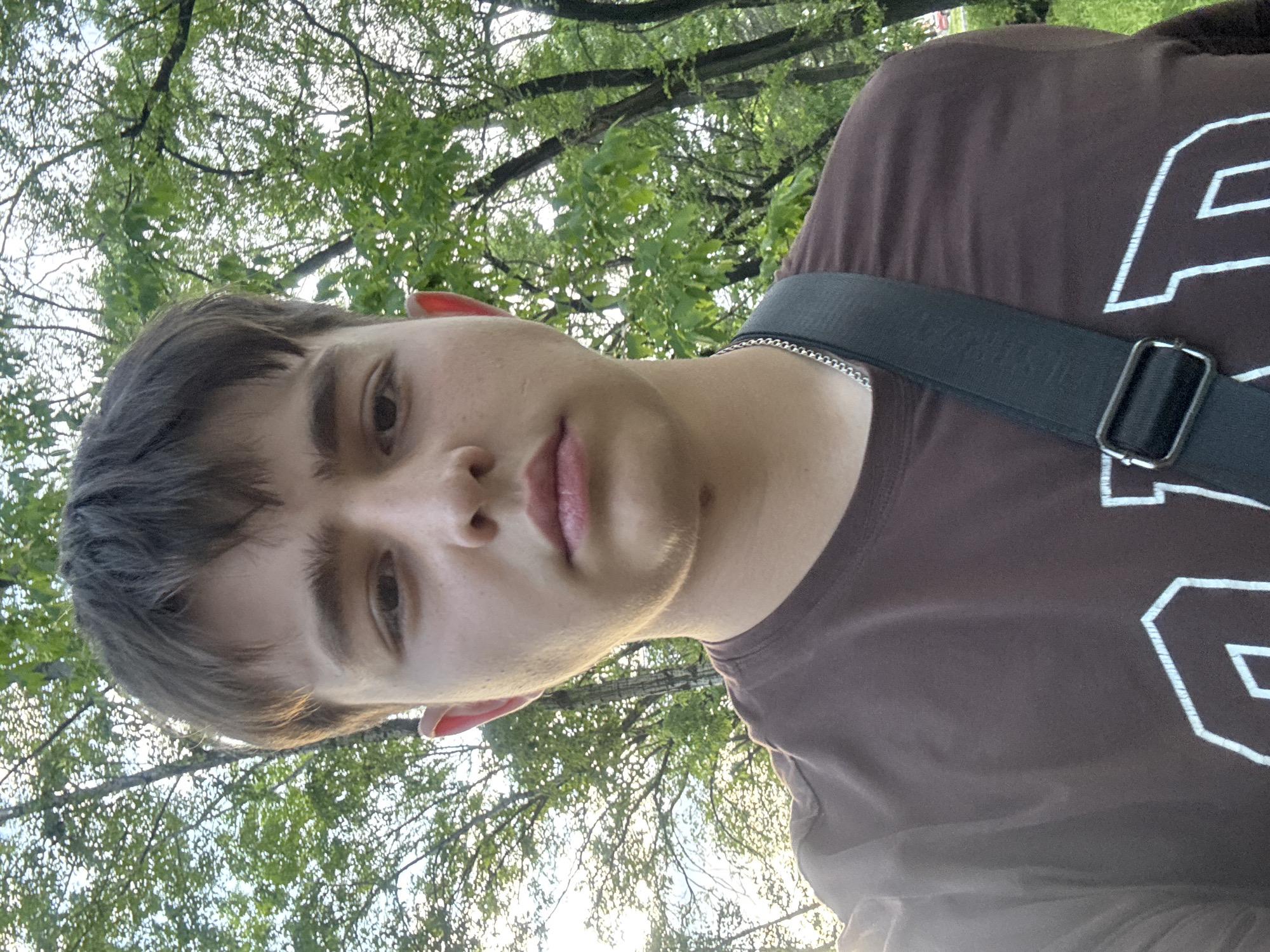 A young person with short, dark brown hair, fair skin, and light brown eyes is pictured in a close-up, front-facing selfie. The individual is wearing a brown t-shirt with a white outline design on the front, and a black strap from a bag crosses over their right shoulder. The background consists of green trees and foliage, suggesting an outdoor setting, possibly a park or wooded area, under natural light. The person's facial expression is neutral, and they are looking directly at the camera.