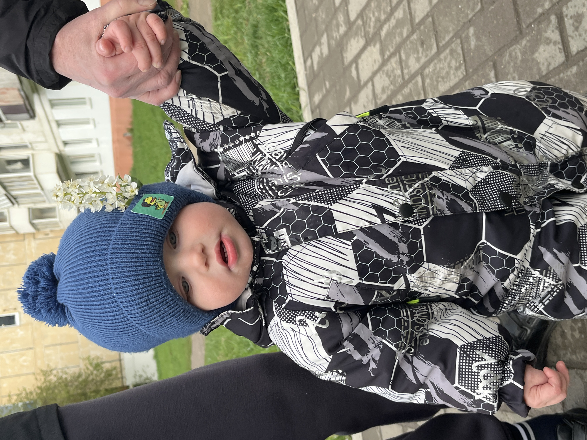 A young child, likely a toddler, is walking outside in the city of Chaikovsky, Russia. The child is wearing a blue knit hat with a pom-pom and a patterned winter jacket in black, white, and gray. A small sprig of white flowers is tucked into the child's hat. An adult's hand is holding the child's hand. They are walking on a paved area with brick-like stones. In the background, there is a building with multiple windows and some green grass. The child appears to be looking at the camera. The adult is wearing a black top.