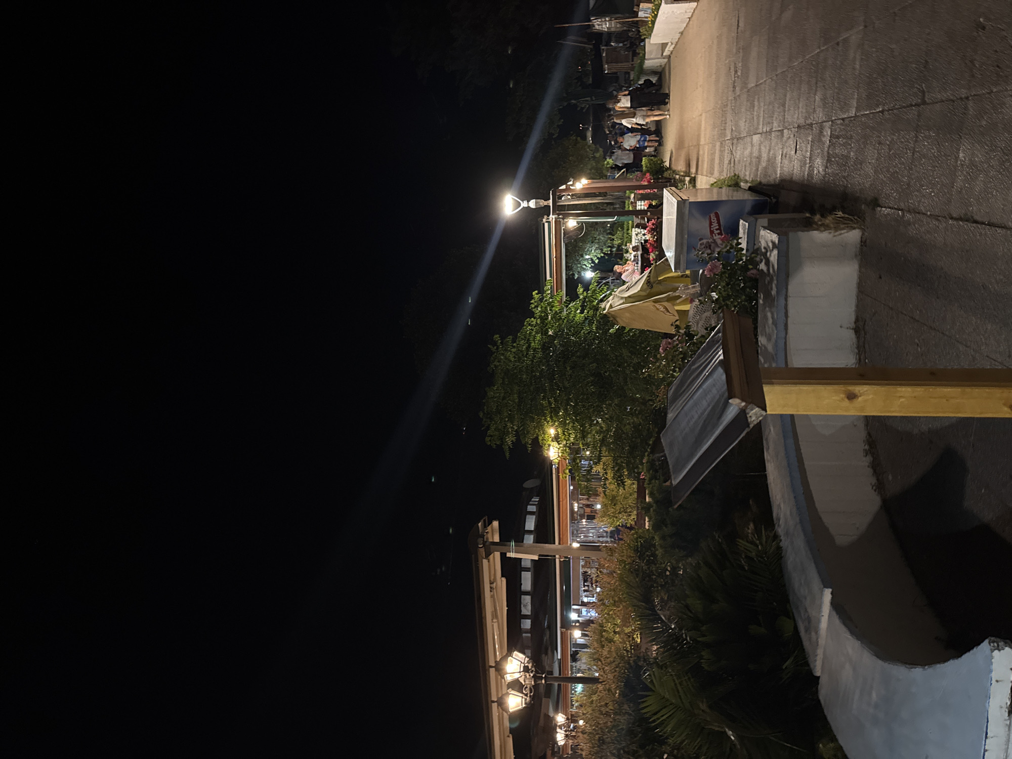 The image depicts a night scene along a paved pedestrian walkway, likely in a coastal city. To the left, a building with outdoor seating for a restaurant is illuminated, with patrons visible at tables. Decorative lamps on poles cast a warm light, and lush green foliage surrounds the seating area. A curved, low white wall runs along the edge of the walkway in the foreground.
Further down the walkway, several people are strolling. A prominent streetlamp with an angular design illuminates the path. In the background, trees and a dark sky are visible. The overall atmosphere suggests a relaxed evening in a public space, possibly a promenade or waterfront area. Based on the architectural style and the presence of Frikon branding on a cooler unit, this scene is likely located in Budva, Montenegro, known for its vibrant nightlife and coastal resorts.