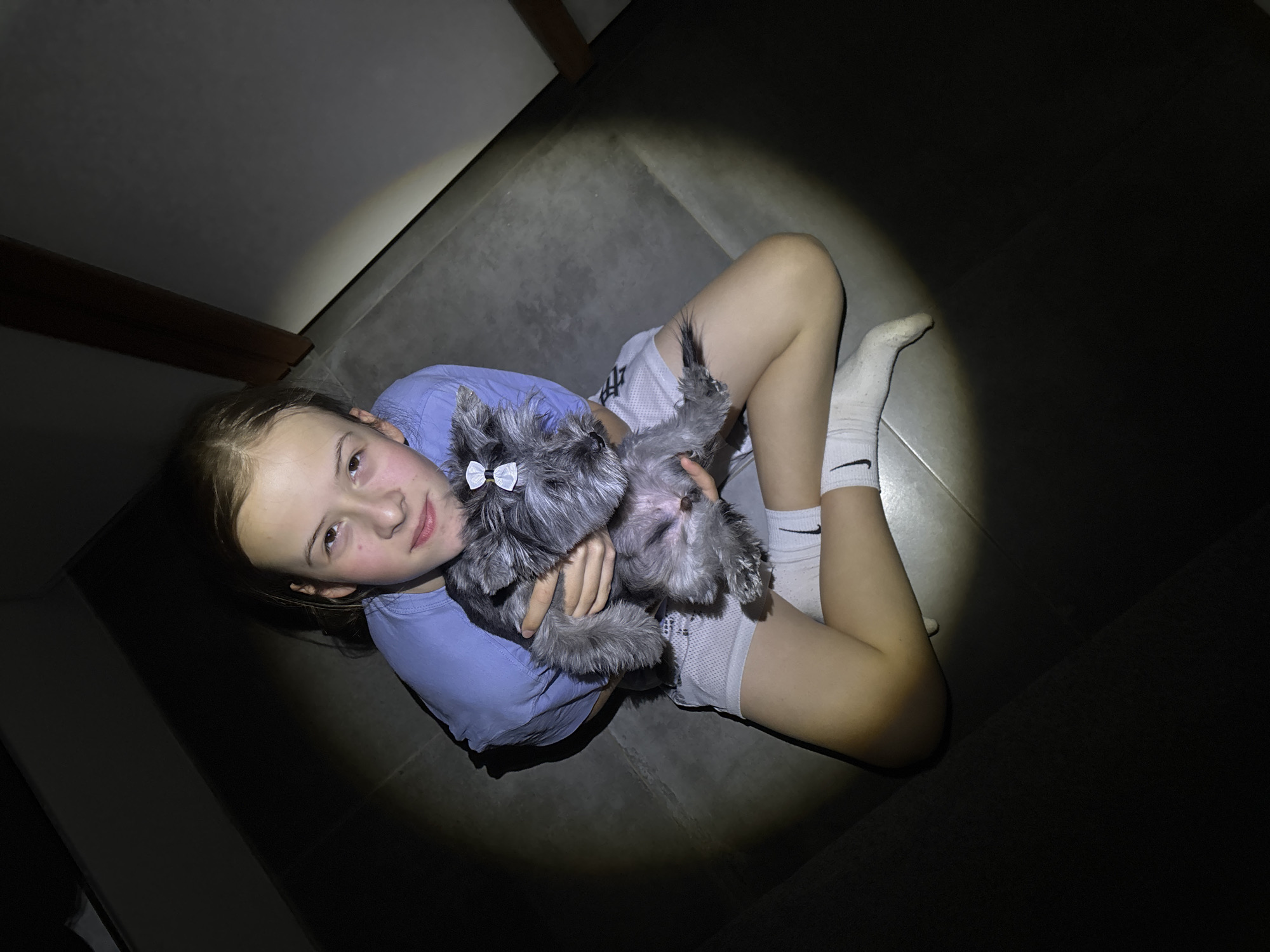 A young girl lies on her back on a dark gray tiled floor, holding a small, fluffy gray dog against her chest. The girl, appearing to be in her early teens, has light brown hair and looks directly at the camera with a relaxed expression, possibly a faint smile. She is wearing a light blue t-shirt, white athletic shorts, and white ankle socks bearing the black "Nike" swoosh logo.
The dog, which appears to be a Miniature Schnauzer or similar terrier breed, is positioned upside down in her arms, its belly exposed, and it has small white bows tied to its ears. The scene is illuminated by a strong, circular spotlight, likely from a camera flash or a directed light source, which brightly highlights the girl and the dog while casting the surrounding indoor environment into deep shadow. Hints of a light-colored wall and a dark wooden beam or trim are visible in the dimly lit background. The image captures a casual, affectionate moment between the girl and her pet in Chaikovsky, Russia, taking place in low-light conditions.