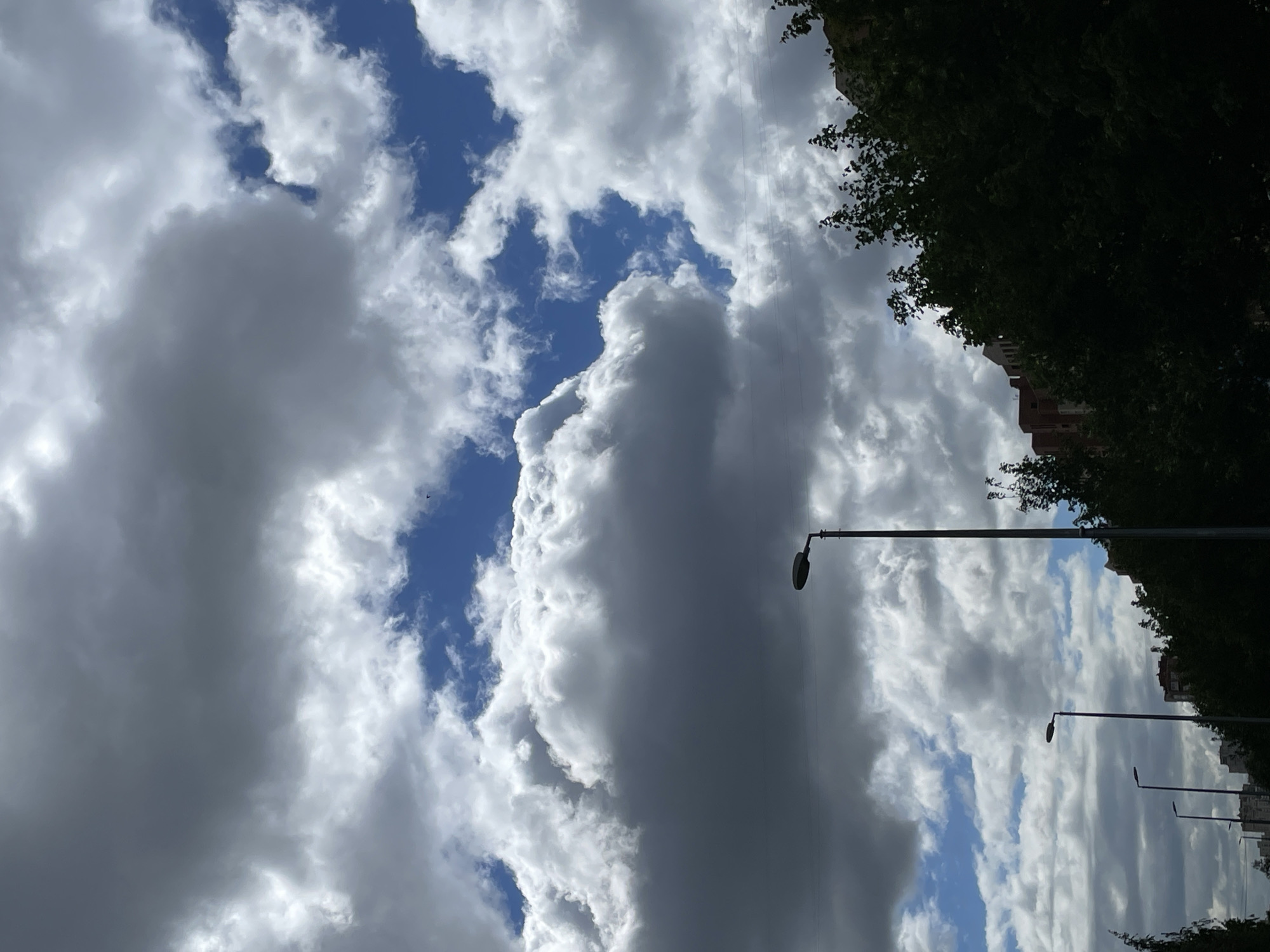 The image shows a sky filled with various clouds, ranging from light and fluffy to dark and ominous. Patches of blue sky are visible between the clouds. A row of streetlights stretches into the distance along a street lined with trees. A building can be seen partially obscured by the trees. The location is Saint Petersburg, Russia.