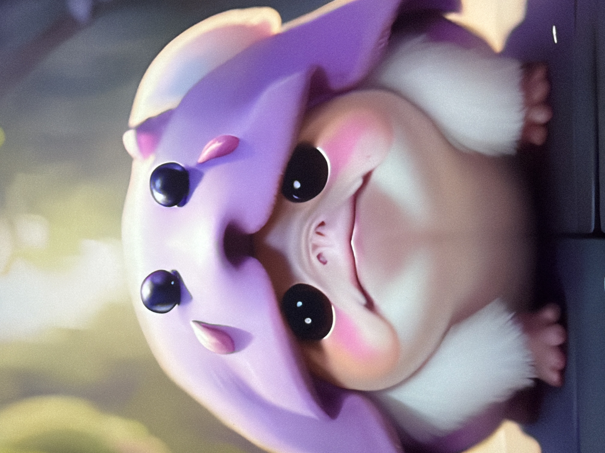 The image is a close-up, low-angle shot of a digitally rendered, spherical, white and light pink creature wearing a large, floppy purple hat with two dark, berry-like protrusions on top. The creature has large, dark, circular eyes with small white highlights, a small pink nose, and rosy pink cheeks. Its mouth is slightly downturned, giving it a melancholic expression. Two small, pink, tear-shaped appendages hang from the sides of its head, beneath the hat. The creature's body is mostly obscured by its hat and its own roundness, but small, white, furry arms and tiny, pink, five-toed feet are visible. The background is softly blurred, with suggestions of green foliage and warm, diffused light, creating a gentle, almost ethereal atmosphere. The creature is positioned on a dark, flat surface that appears to be a keyboard or a similar electronic device. There is no indication of the city of Kyiv, Ukraine, or any specific urban environment in the image.