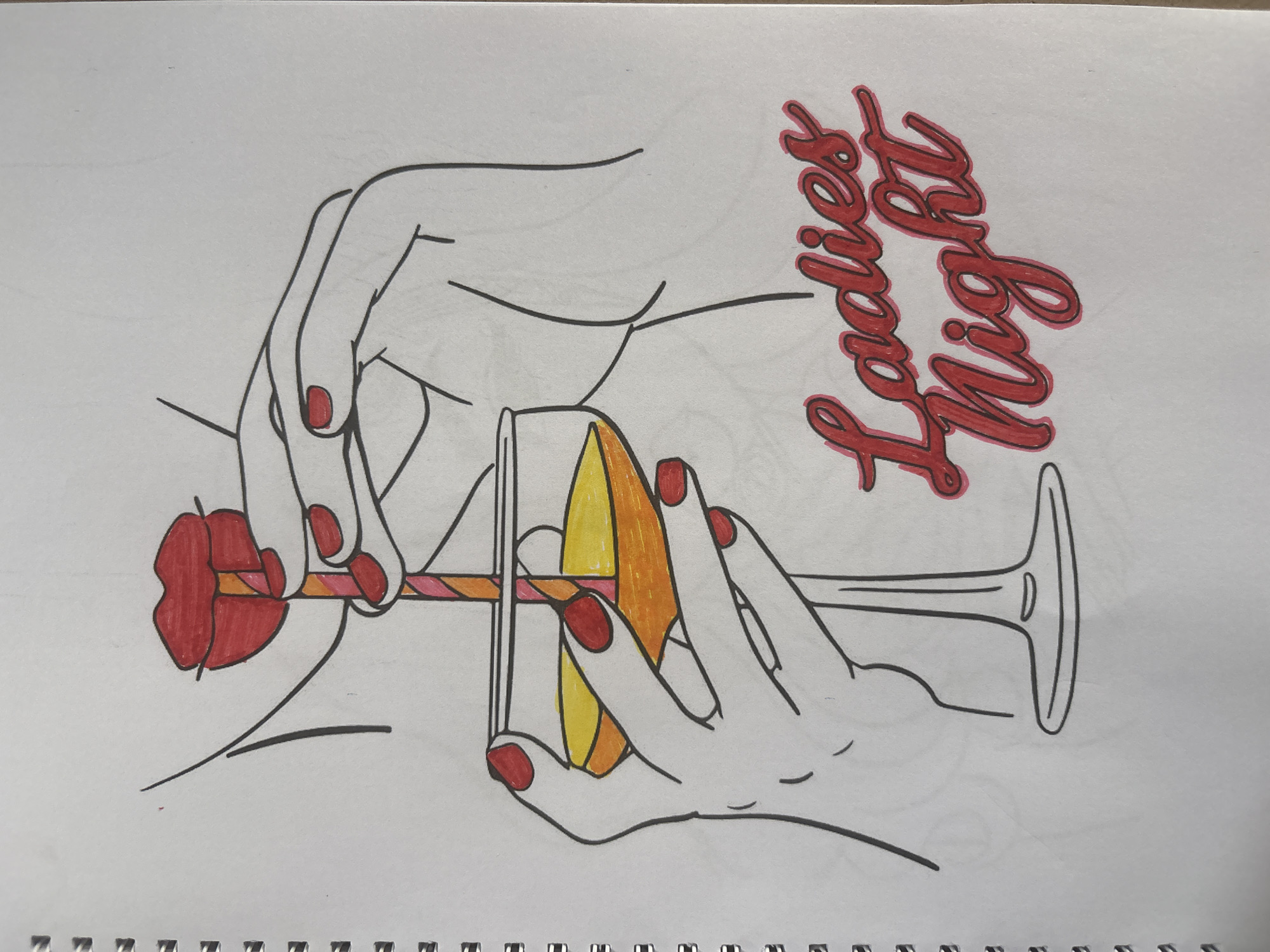 A drawing depicts a person's hands holding a cocktail glass filled with an orange and yellow liquid. A striped straw is inserted into the drink, leading to a pair of red lips. The words "Ladies Night" are written in red cursive script below the glass. The drawing is on a page within a spiral-bound notebook. No specific location in Lafia, Nigeria can be identified from this image.