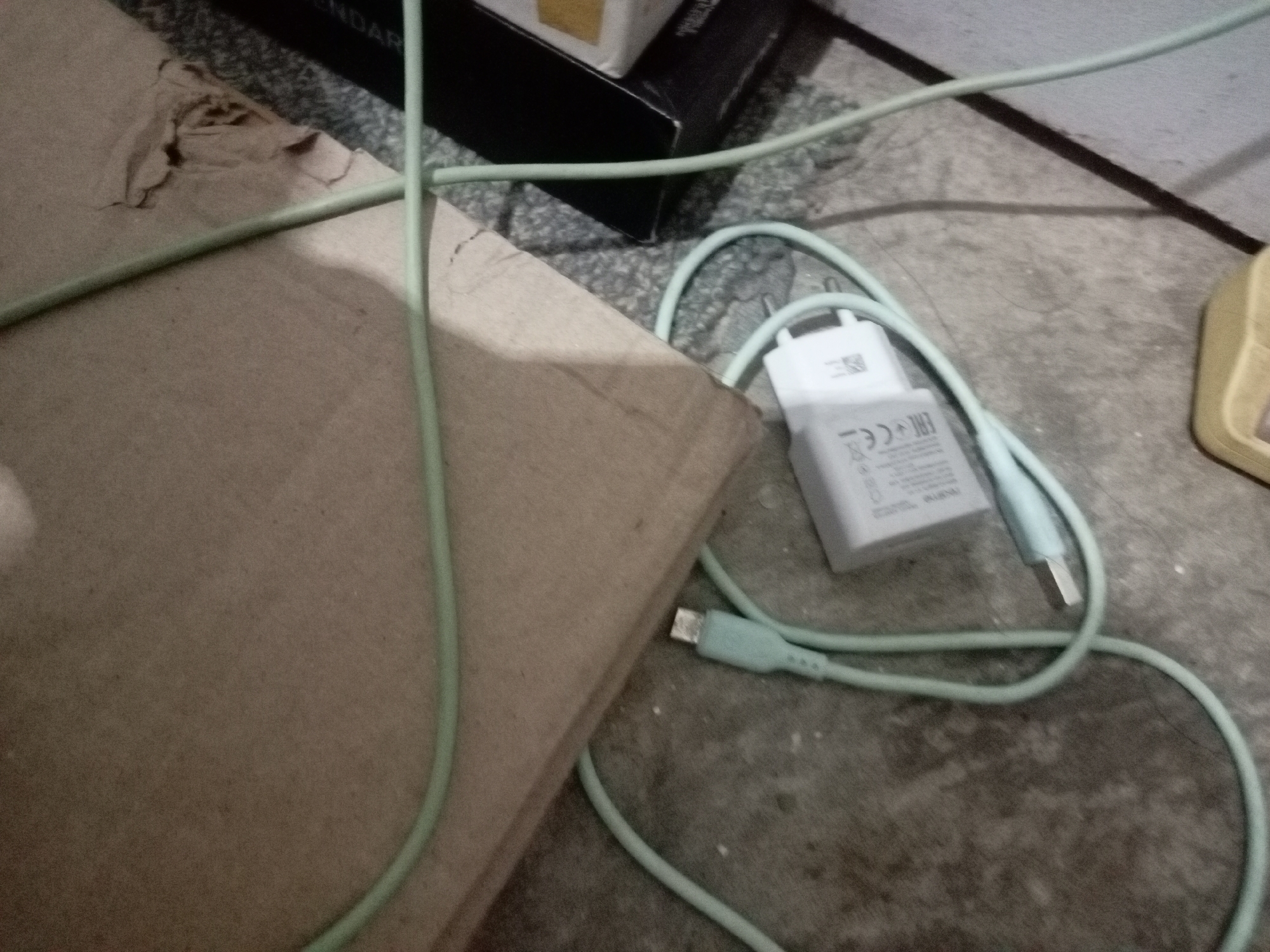 The image shows a close-up, overhead view of charging cables and a power adapter lying on a concrete floor, next to a cardboard box. One light green cable extends from the bottom left corner of the frame and curves upwards, while another light green cable, connected to a white power adapter, is situated in the center right of the frame. The power adapter is rectangular with some white lettering and symbols. A small portion of a yellow object is visible in the far right of the frame. The environment appears to be indoors, possibly a storage area or a room with minimal lighting. The concrete floor has a rough texture, and there are shadows cast on it, suggesting an overhead light source. The overall scene is static, with no people or animals present. The image is grainy and slightly out of focus, making it difficult to discern fine details. There is no information in the image to suggest a specific location within Batam, Indonesia.
