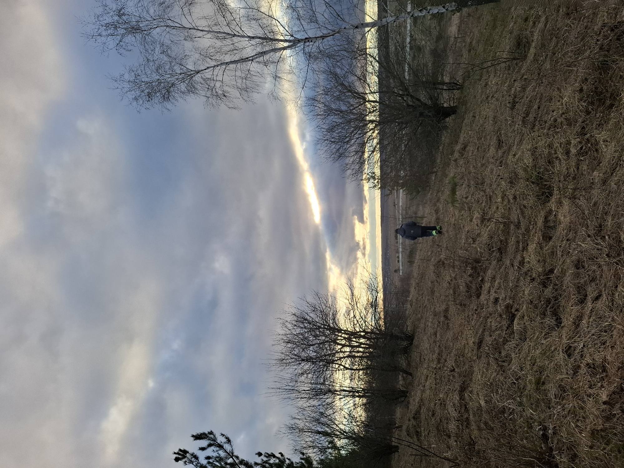 The image depicts a rural scene in Khlevnoye, Russia, during what appears to be either early morning or late afternoon. The sky is overcast with a break in the clouds allowing sunlight to shine through in a column formation. Bare trees stand silhouetted against the bright horizon. A field of dry, brown grass covers the ground. A single person wearing a dark jacket and pants with green details is walking through the field, near the center of the image. The landscape is slightly elevated.