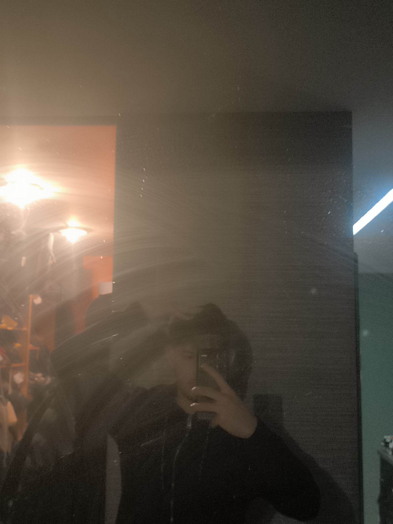 A person is taking a mirror selfie with a smartphone. The reflection shows a room with a light fixture and shelving unit. The location and city are undeterminable from the image.