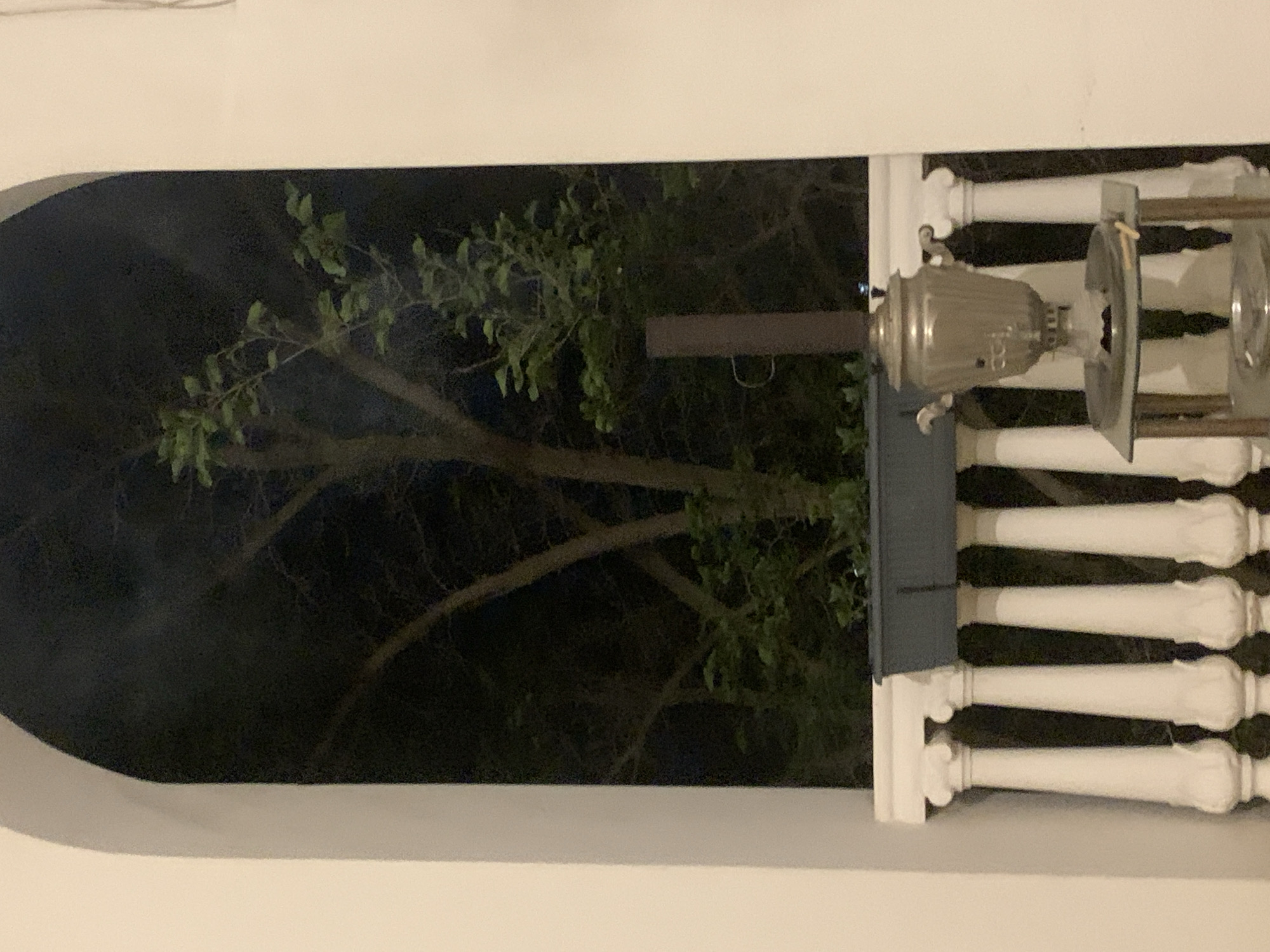 An outdoor balcony scene at night in Khazar Raion, Azerbaijan, features a white, arched opening framing a dark, wooded area. On the balcony, a grey planter box with greenery sits atop a white balustrade. To the right, a vintage silver samovar is placed on a small, tiered stand. The balustrade consists of several vertical, fluted columns topped with decorative capitals. The background reveals silhouetted trees and branches against a dark night sky, with faint wisps of smoke rising.