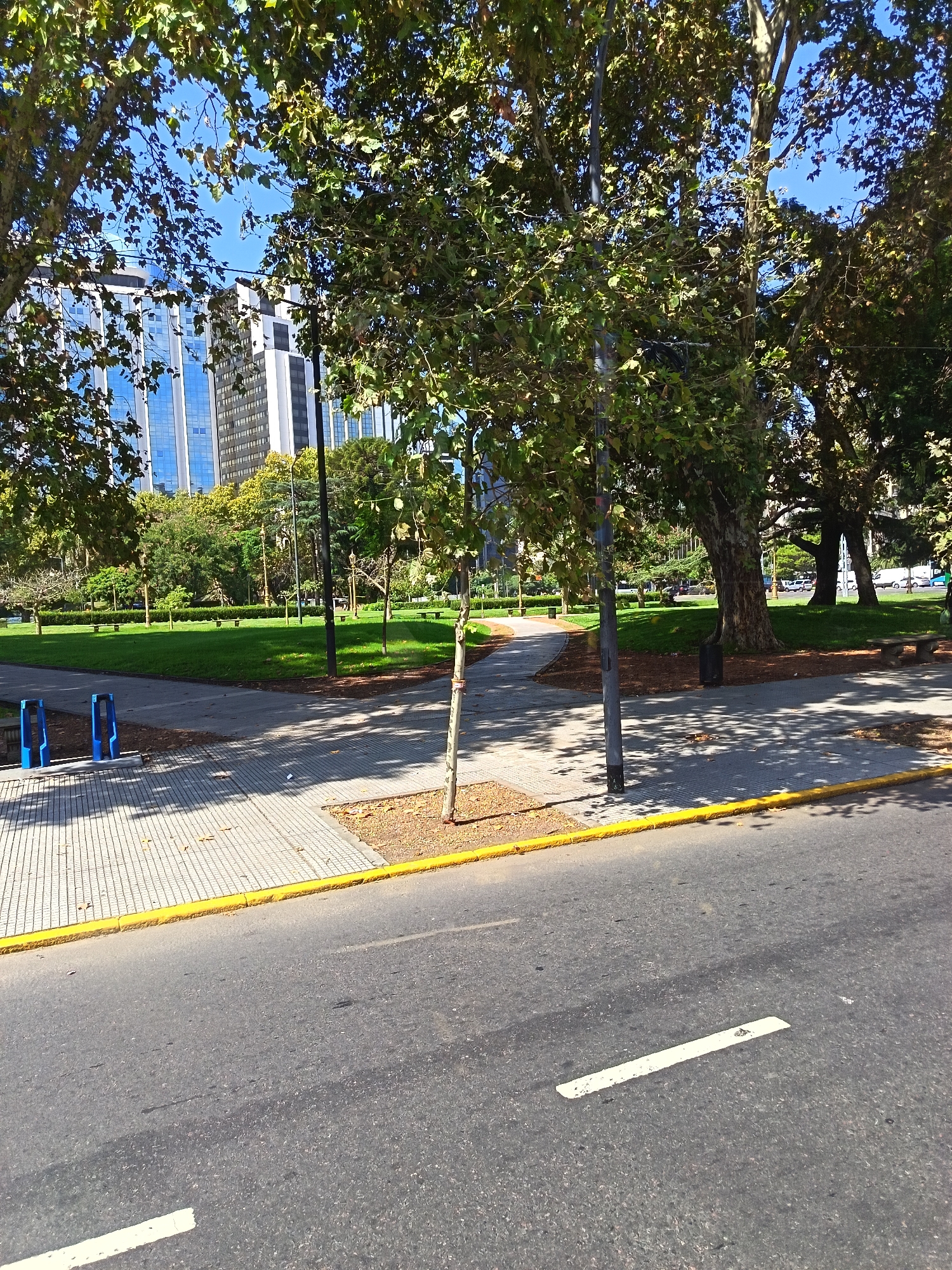 This image captures a street scene in Buenos Aires, Argentina. A paved street, marked with a white lane marking and edged with a yellow curb, is in the foreground. Beyond the street is a sidewalk made of concrete pavers, leading to a green park area. Trees are scattered throughout the park, some casting shadows onto the sidewalk. A tall, modern building with a glass facade is visible in the background, suggesting an urban setting. Two blue bicycle racks are located on the sidewalk. No people are visible in the frame.