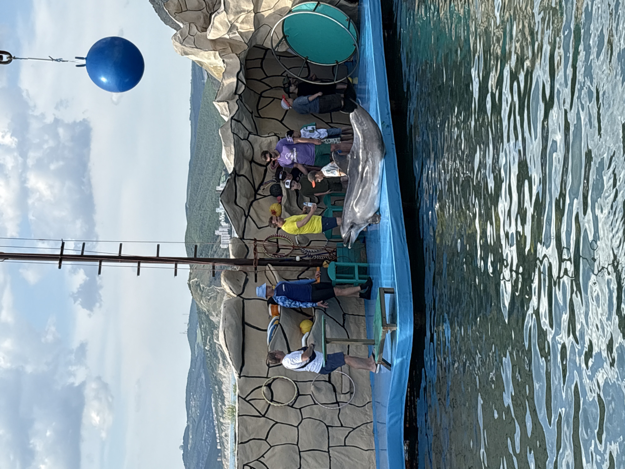This detailed image captures an outdoor dolphin show in Sukko, Russia. A grey dolphin rests on its side on a blue performance platform that extends over dark, rippling water in the foreground. On the left side of the platform, a man in a white t-shirt, blue shorts, and a fanny pack stands near a small green table. Behind him, white hoops lean against a faux rock-textured wall. Another man, wearing a blue long-sleeved shirt and a blue bucket hat, stands further right. In the center-right, a group of people, including adults and children, observe the dolphin. An adult male in a purple t-shirt and another in a yellow t-shirt appear to be engaging with the children. The stage's backdrop is a multi-textured, faux rock wall with several props, including a large, green circular frame and yellow, pumpkin-like objects. A tall, slender mast with ladder-like steps rises from the platform on the right. High above the stage, in the upper right, a large, bright blue spherical object is suspended by a chain. The distant background features rolling green hills with numerous coastal buildings and settlements under a partly cloudy sky.