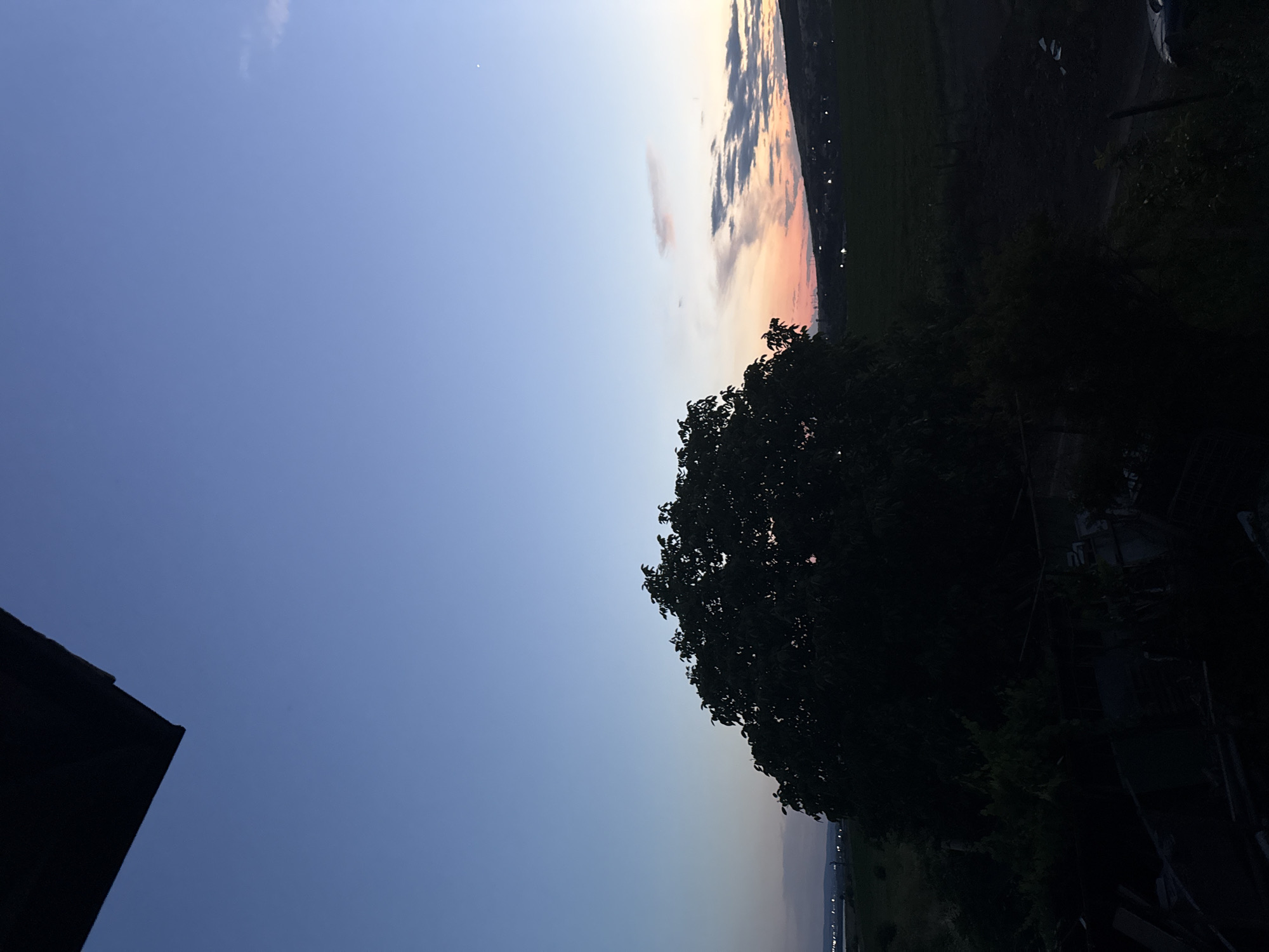 The image depicts a twilight scene of a landscape with a large silhouette of a tree in the foreground. The sky transitions from a deep blue at the top to shades of orange and pink near the horizon, indicating either sunrise or sunset. In the distance, faint lights suggest a settlement or city lights. The terrain appears to be rural, with fields and possibly rolling hills. The overall impression is one of a peaceful evening or early morning in a natural setting. The image does not contain any visible people or specific identifiable landmarks that would allow for precise localization within Burgas, Bulgaria, beyond the general description of a landscape.