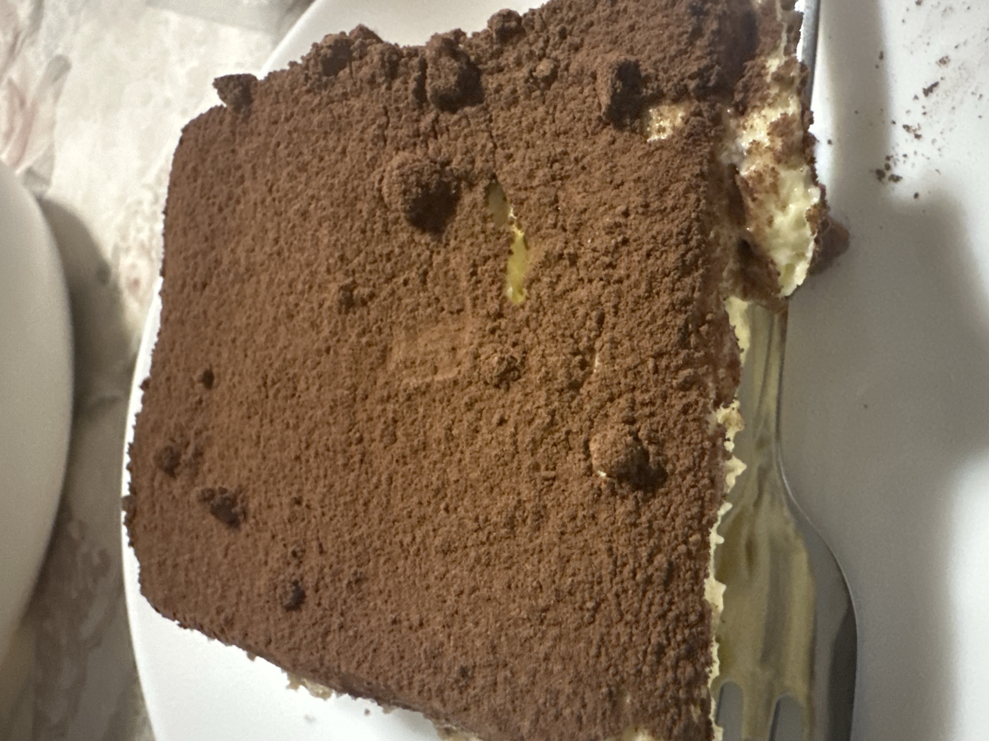 A close-up shows a rectangular slice of tiramisu cake on a white plate, with a silver fork partially inserted on the right side. The cake is generously dusted with cocoa powder. The top is uneven and decorated with small clumps of cocoa. The edge where the fork has been used reveals a creamy filling. To the left of the cake, a white object is visible. Small particles of cocoa are scattered around the cake on the plate.
The image doesn't show any characteristics that would place it in Varna, Bulgaria.