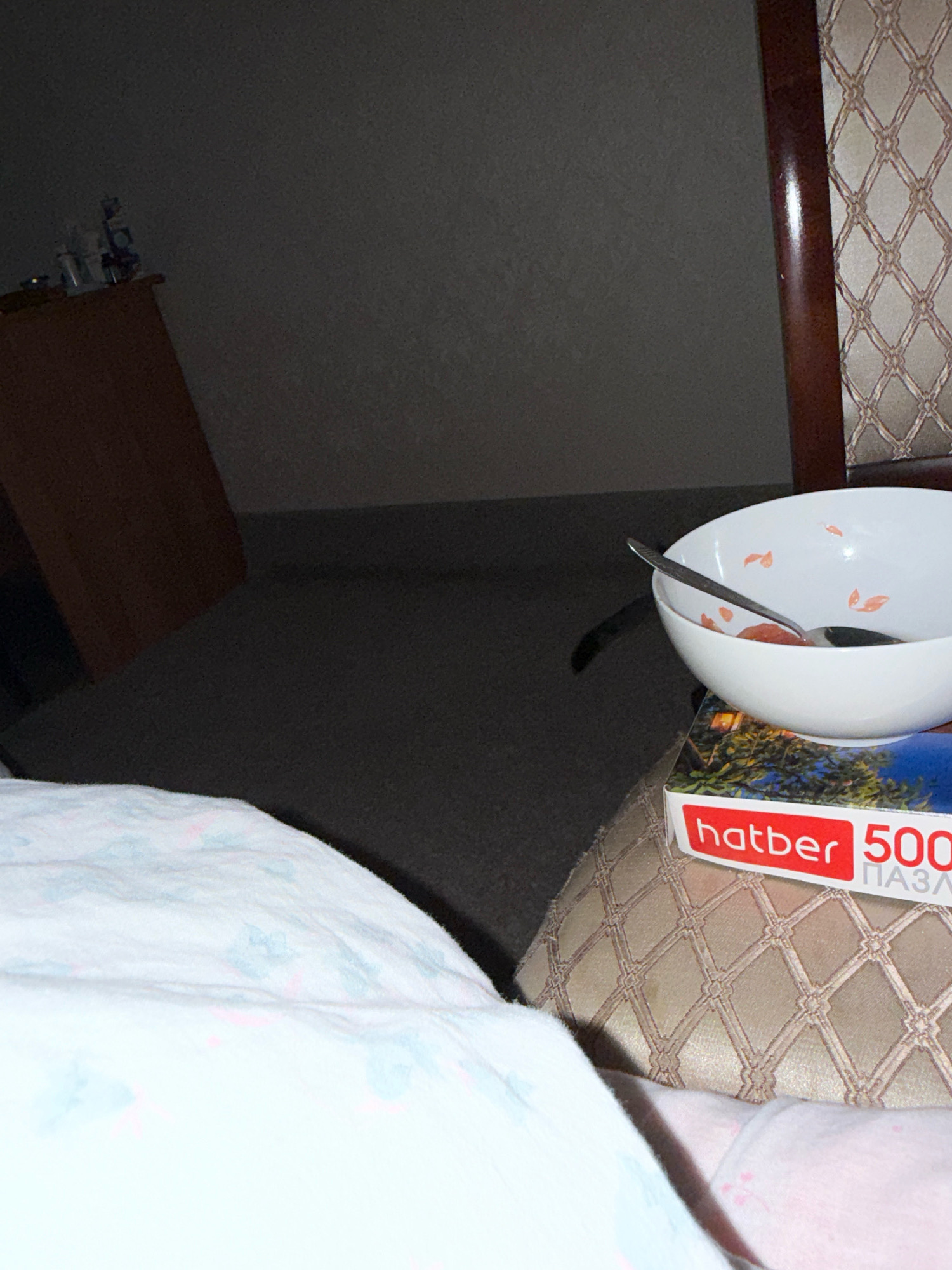 The image shows an indoor scene, likely a bedroom, in Zavolzhye, Russia. In the foreground, a light-colored, patterned blanket or sheet is visible. Partially obscuring the lower right of the frame is a puzzle box with the brand "hatber" and "500" printed on it. Resting on top of the puzzle box is a white bowl containing a small amount of reddish food, with a spoon inside. The background consists of a dark gray wall and a wooden piece of furniture on the left, possibly a dresser, with some items on top. To the right, a portion of a wooden chair with a patterned backrest is visible. The lighting is dim, suggesting low ambient light or nighttime. There are no people or animals present in the scene.