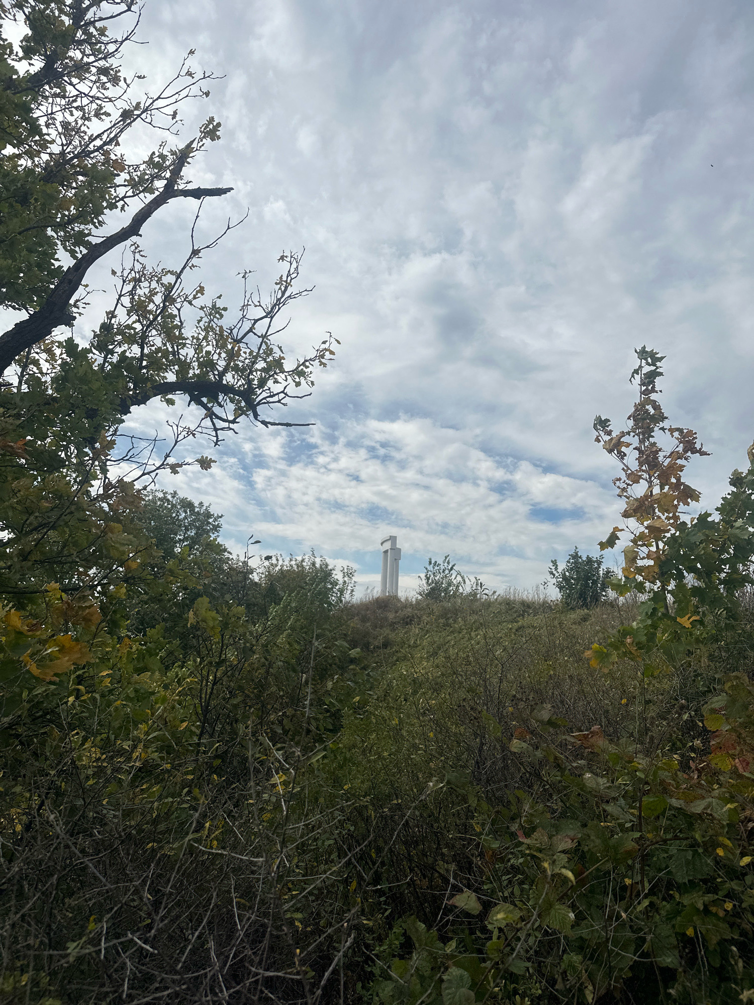 The image shows a white, modern cross-shaped monument situated on a grassy hill. The monument is tall and slender, with a crossbar extending from the upper portion of the vertical shaft. The surrounding area is covered in dense green foliage, with some trees exhibiting fall colors. The sky above is overcast with scattered clouds. The location is identified as Simskii, Russia.