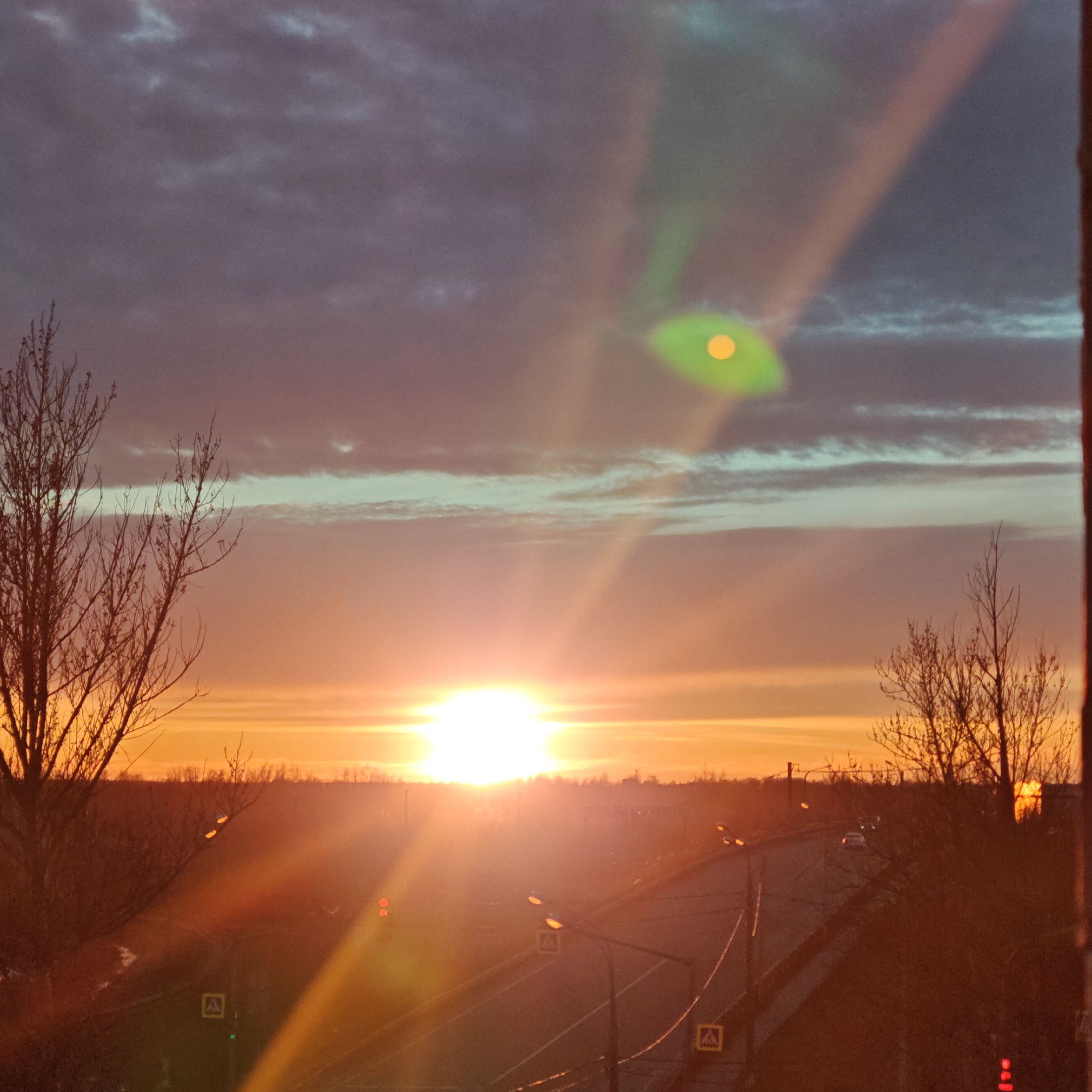 A photograph taken in Rostov, Russia, depicts a sunset over a city street. The sun is low on the horizon, obscured slightly by distant buildings and vegetation, casting a bright orange glow across the sky. Dark clouds are present above the orange gradient. Two bare trees stand on either side of the frame, obscuring some of the view. In the foreground, a multi-lane street is visible with streetlights lining the road, some of which are illuminated. Pedestrian crossing signs are visible next to the street. The overall lighting suggests it is either early morning or late evening. Lens flare is visible in the upper portion of the image.
