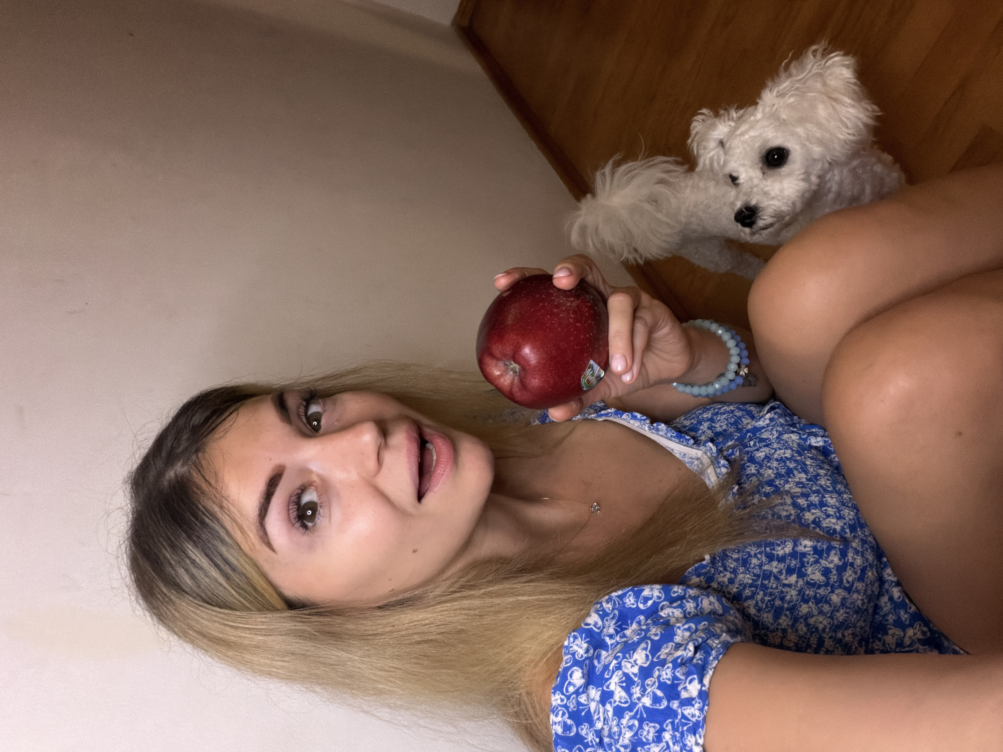 This indoor photograph, taken in Budva, Montenegro, features a young woman and a small white dog. The woman, with long blonde hair and darker roots, is positioned in the foreground, looking directly at the camera with a wide-eyed, open-mouthed expression that conveys surprise or playfulness. She holds a red apple in her right hand, which has a small, indistinct sticker on its surface. She wears a blue dress adorned with a white butterfly or floral pattern, a subtle necklace, and a blue beaded bracelet on her wrist. Portions of her legs are also visible, suggesting she is seated. To her right, a fluffy white dog, possibly a Bichon Frise, with dark eyes and nose, looks towards the camera with a curious gaze. The dog is situated on a light brown wooden floor, while the background consists of a plain, light-colored wall. The lighting is soft and warm, contributing to a casual and candid atmosphere.