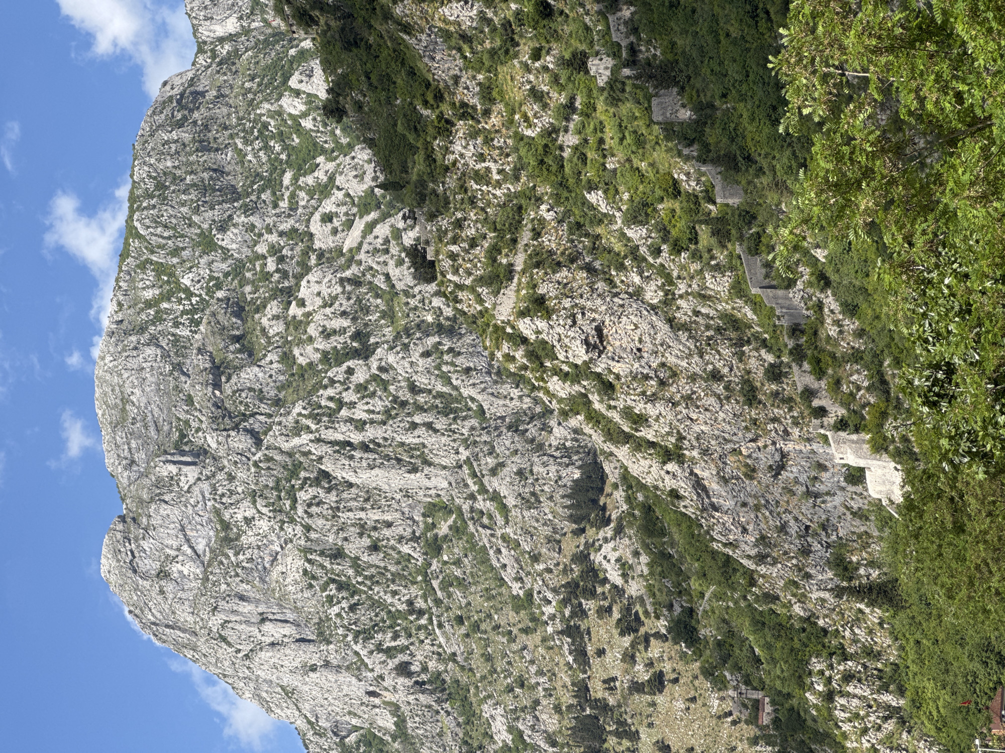 The image shows a steep mountainside in Škaljari, Montenegro, dominated by exposed gray rock formations. Patches of green vegetation are scattered across the rocky terrain. A winding pathway with visible stone fortifications ascends the mountainside. The top of the mountain reaches a partly cloudy blue sky.