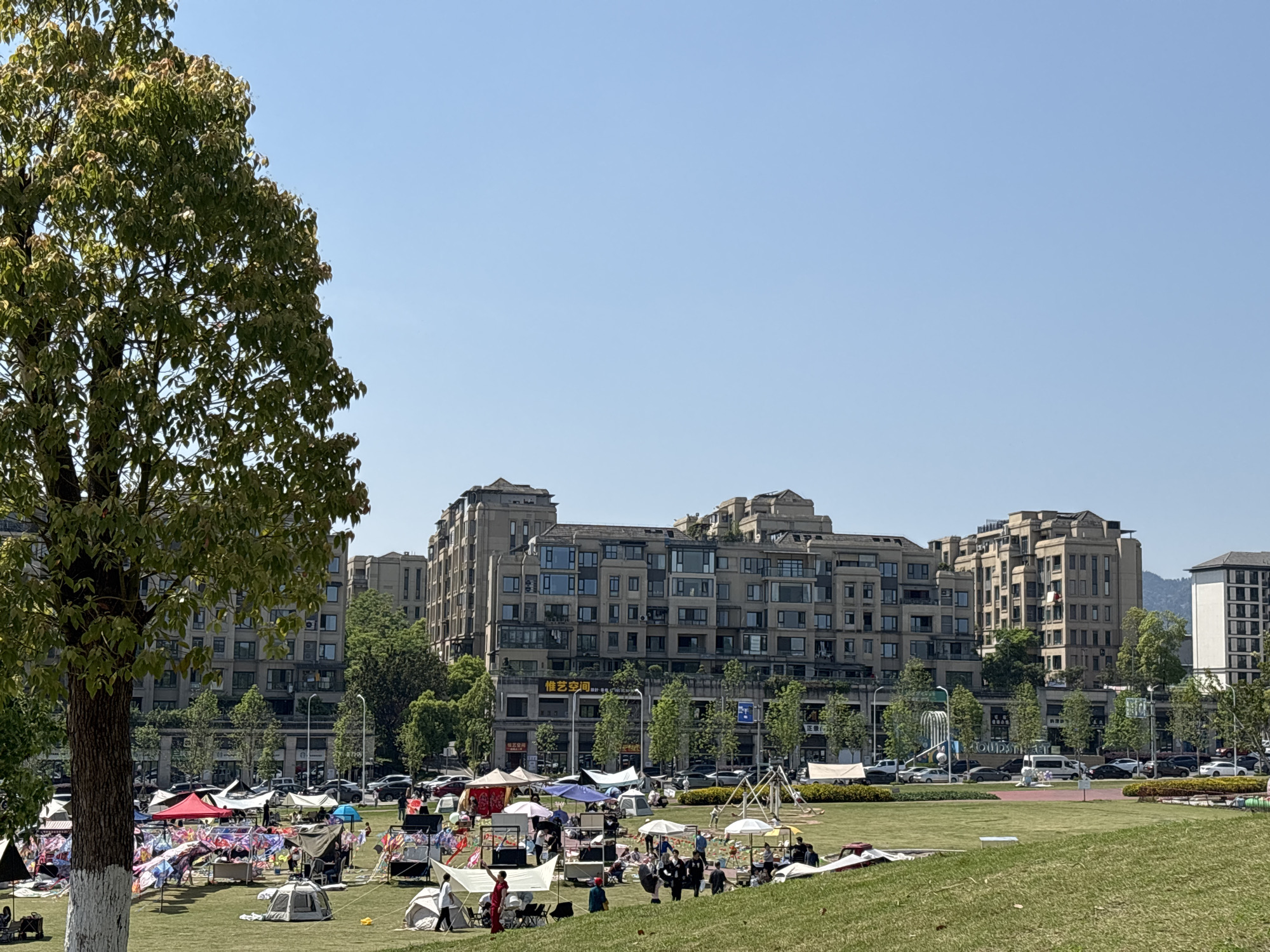 The image depicts a sunny outdoor scene, possibly in a park or open area within the city of Jiangjin, China. In the foreground, a grassy slope leads down to a level area where numerous tents and canopies have been set up, suggesting a public gathering or event. People can be seen milling around and interacting within the tented area. Beyond this, a row of multi-story buildings lines the backdrop, possibly apartments or commercial properties. Cars are parked along a street in front of the buildings. The sky is clear and blue, indicating a pleasant weather day. A large tree with green leaves stands to the left of the frame, partially obscuring the view.