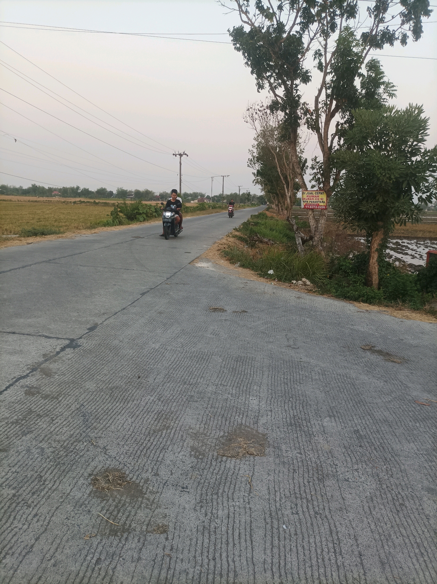 The image shows a rural road with a motorcycle carrying two people. The road is paved with concrete and has visible tire tracks and some debris. On the right side of the road, there are trees and a sign that reads "DI JUAL CEPAT RUMAH UKURAN 8 X 16 M² NPA KERTANTERA." This translates to "FOR SALE QUICKLY HOUSE SIZE 8 X 16 M² NPA KERTANTERA." The background features a landscape of fields and scattered buildings, suggesting a village setting. The sky is overcast, indicating either dawn or dusk. There are power lines crossing the frame above the road. The overall impression is that of a quiet, everyday scene in a residential area.