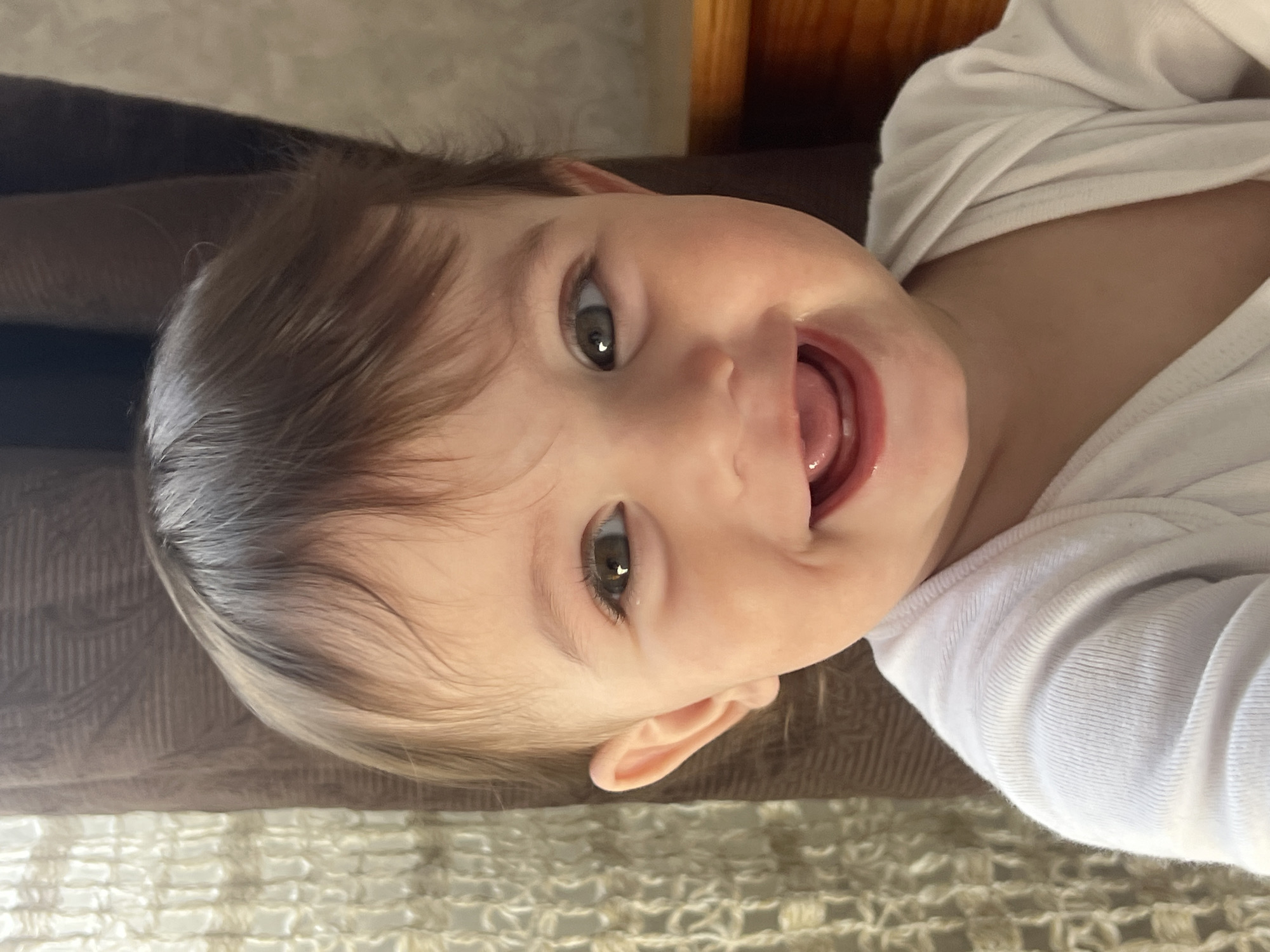 The image captures a close-up, upward-angled portrait of a joyful baby, likely taken indoors in Elena, Bulgaria. The baby, possibly lying down and looking up, occupies most of the frame. They have dark brown hair, large expressive dark eyes, and a wide, open-mouthed smile, showing their tongue and suggesting laughter or excitement. The baby is wearing a simple white long-sleeved top.
The background consists of a dark brown, textured surface immediately behind the baby's head and upper body, possibly a sofa, cushion, or bed frame. Below this, a lighter, woven, or knitted fabric, perhaps a blanket, is visible. The lighting is soft and natural, indicating it is likely daytime. There are no specific architectural details or visible text. The overall scene conveys a sense of warmth, happiness, and innocence.