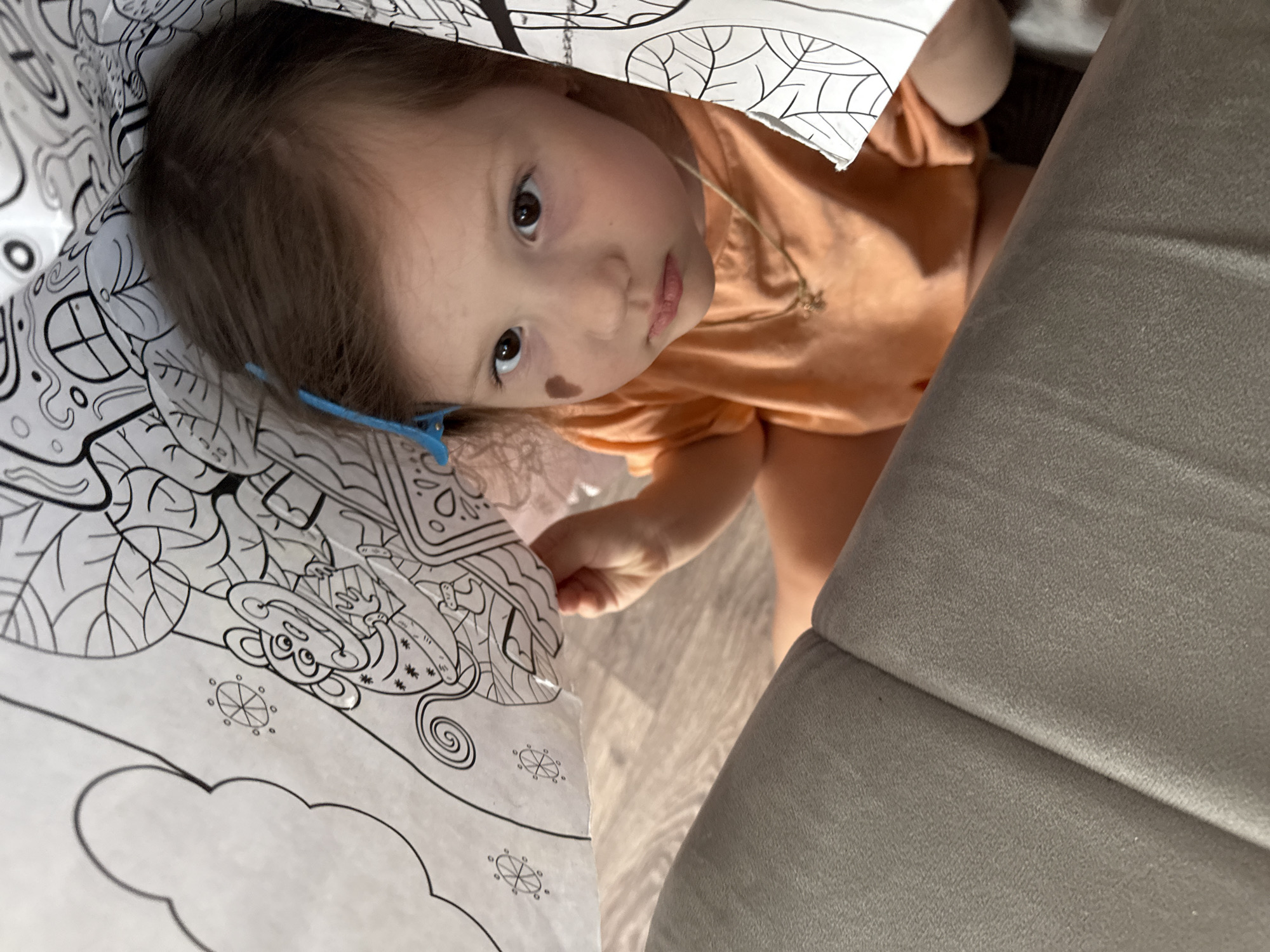 A young child with brown hair and a blue hair clip is looking upwards from inside a coloring book bag. The child has brown eyes and a birthmark on their left cheek. They are wearing an orange shirt and a gold necklace. The coloring book bag is white with black line art drawings of animals and plants. A grey upholstered sofa is visible on the right side of the frame. The location is unknown.