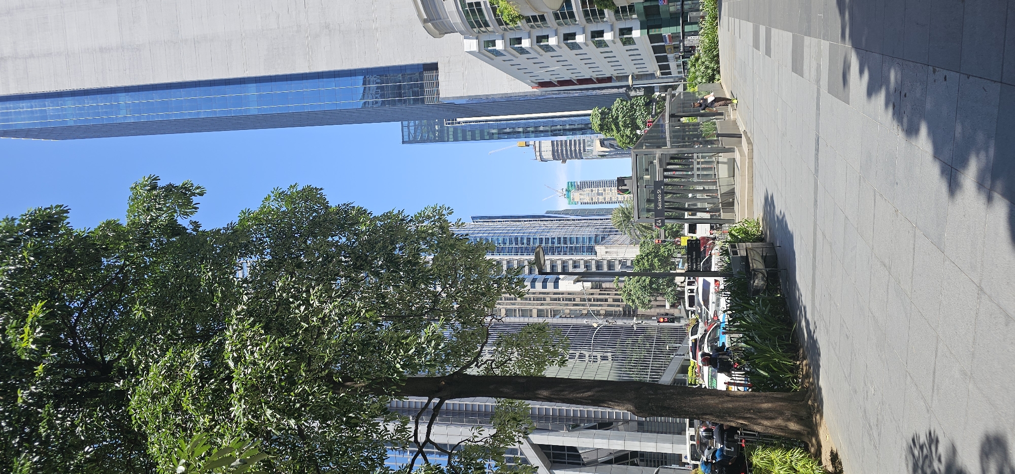 This image depicts a street scene in the Salcedo Street area of Makati City, Philippines. On the left, a large tree with dense green foliage partially obscures a modern skyscraper with a reflective blue glass facade. In the background, several other tall buildings of varying architectural styles are visible, including one with a concrete exterior and another under construction with cranes. The street itself is busy with traffic, including cars, vans, and motorcycles, some of which appear to be taxis. A pedestrian walkway made of grey tiles runs along the right side of the image, leading to a covered entrance to an underground facility, indicated by an "E4 Salcedo St" sign. One person is walking on this walkway, carrying a document. The sky is clear and blue, suggesting a sunny day. The overall impression is one of a bustling urban environment with a mix of nature and modern architecture.