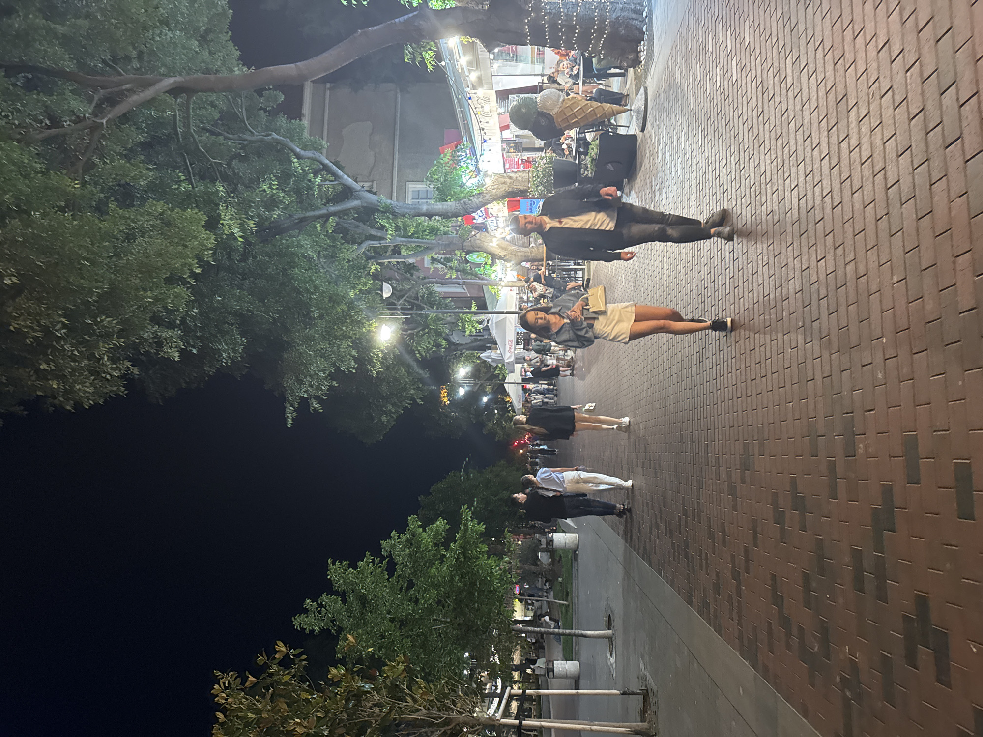 The image depicts a nighttime scene along a pedestrian walkway in Varna, Bulgaria. The walkway is paved with red bricks and lined with trees that have decorative lights wrapped around their trunks. On the right side of the walkway, there are several establishments with outdoor seating areas and illuminated facades. A large, decorative ice cream cone sculpture is prominently displayed in front of one of these establishments.
Several individuals are walking along the pathway. In the foreground, a couple walks away from the camera. The woman is wearing a light-colored denim jacket and a white skirt, carrying a beige purse. The man is wearing a dark jacket over a light-colored shirt and dark pants. Further down the walkway, other pedestrians can be seen walking in both directions, some seated at tables outside the businesses, and others mingling. The overall atmosphere suggests a lively commercial or entertainment district.