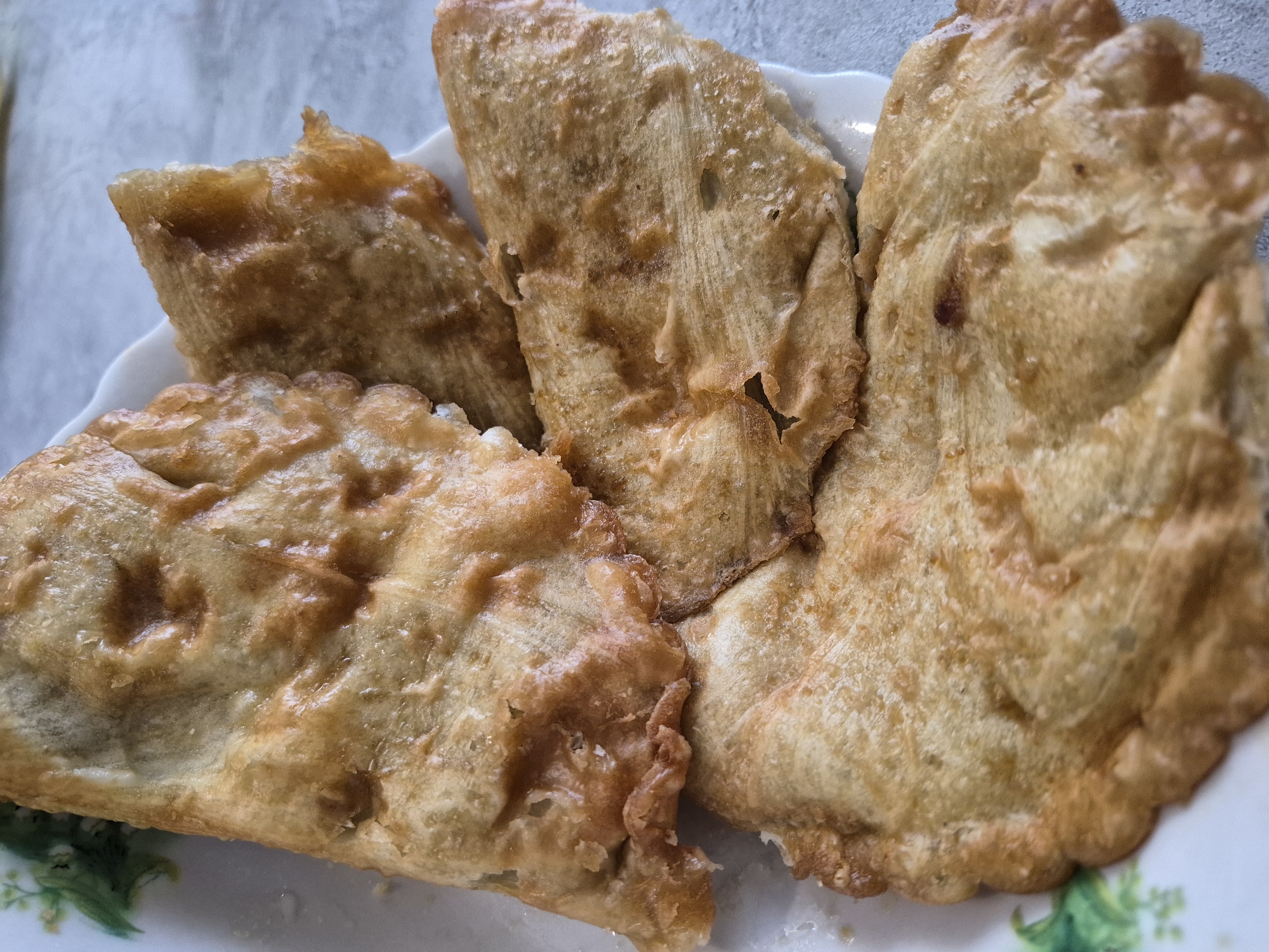 A close-up, overhead view shows several pieces of fried dough, likely chebureki, on a white plate with a green floral pattern. The food is golden brown and appears to be filled, with some pieces folded into crescent shapes and others more flattened. The surface of the food is textured with irregular bubbles and crisp edges. The plate sits on a light gray, textured surface, possibly a table. The image was taken in the city of Uglegorsk, Russia.