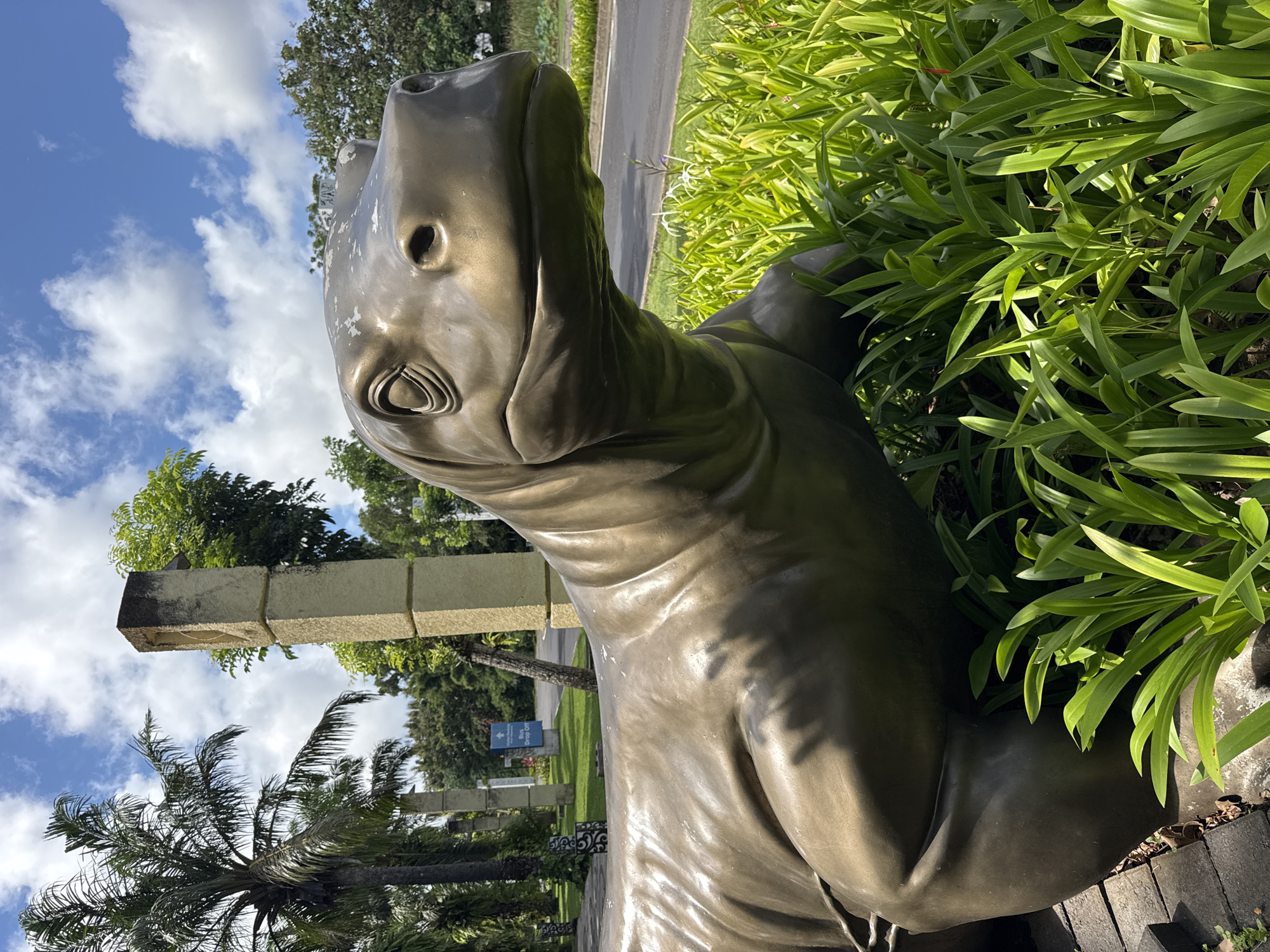 A bronze statue of a Komodo dragon, positioned in a park setting, dominates the frame. The statue is partially surrounded by lush green foliage. In the background, there's a view of a palm tree and a stone structure under a partly cloudy sky. The location is identified as the city of Unknown, Unknown.