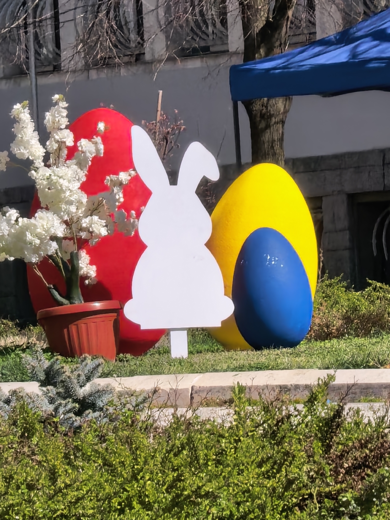 The image captures a brightly colored Easter display in an outdoor setting. A red Easter egg stands behind a small, potted tree with white blossoms. To the right of the tree is a white bunny silhouette on a stake. Behind the bunny are a yellow Easter egg and a smaller, blue Easter egg. All these objects are situated in a patch of grass and greenery. In the background, there is a building with windows, and a blue awning is partially visible above the display. The location appears to be a public space, likely a park or garden within the city of Unknown, Unknown.