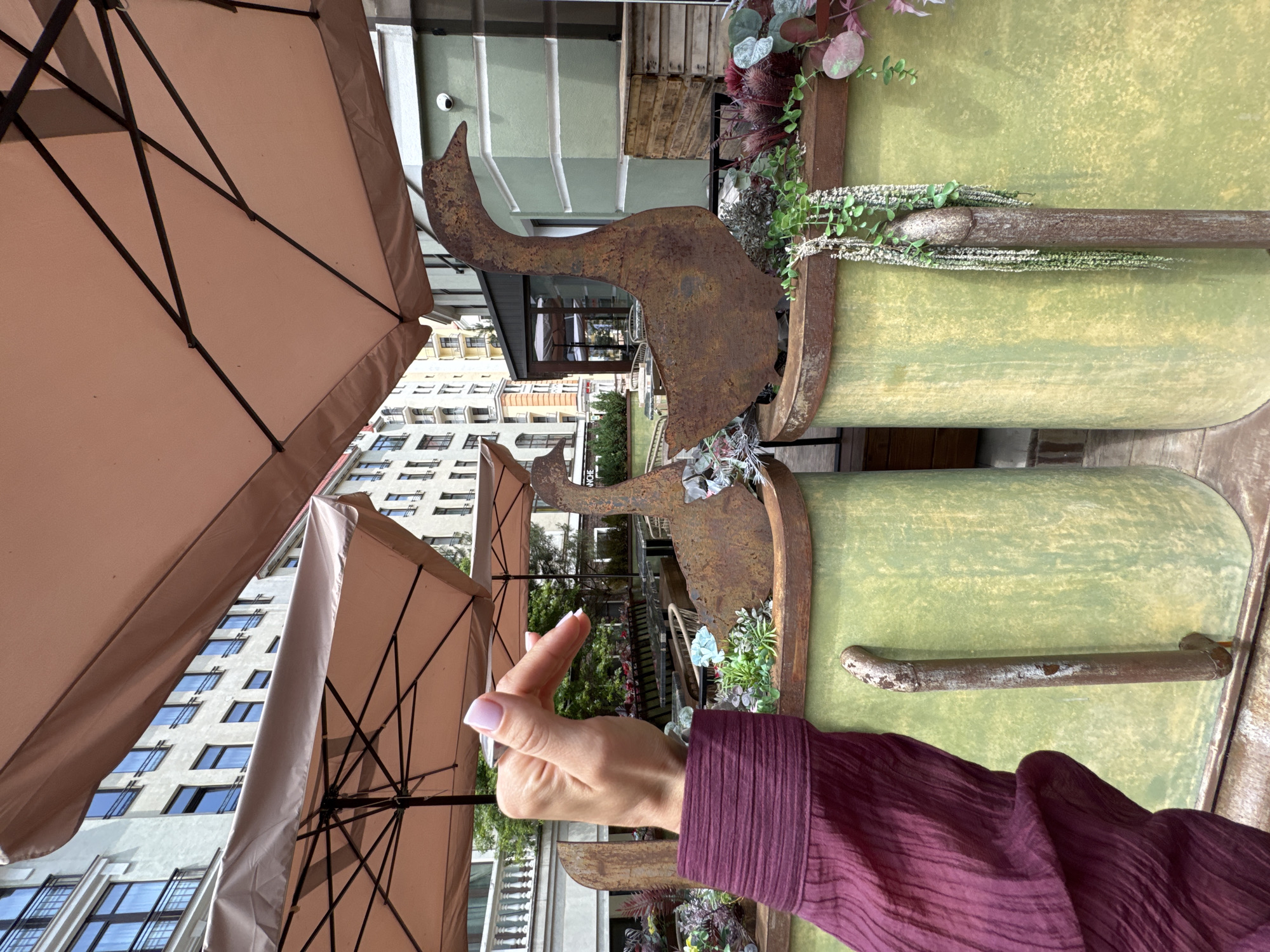 The image shows a person's arm and hand in the foreground, making a heart shape with their fingers. The person is wearing a deep red, textured shirt. Behind them, several large, light brown umbrellas are visible, suggesting an outdoor seating area, possibly a cafe or restaurant. In the background, buildings with many windows are seen, indicating an urban setting. The image is oriented vertically, with the top of the frame showing the sky and the bottom showing the person's arm and hand.
Two large, cylindrical planters with a distressed green finish are prominent objects in the middle ground. Each planter is decorated with a rustic, rusty metal sculpture resembling a bird or swan head. These sculptures are attached to the planters and protrude outwards. The planters also contain artificial greenery and some darker, dried-looking plants, adding to a decorative, somewhat whimsical aesthetic. A wooden element, possibly part of a fence or wall, is visible behind the planters.
The lighting suggests it is daytime, possibly late afternoon given the angle of the light and the shadows. The weather appears to be pleasant, with umbrellas deployed, implying protection from sun or light rain. The presence of multiple umbrellas and the urban background strongly suggest a location in a city or town, likely a public space designed for seating and dining outdoors. The overall impression is a decorative outdoor space in an urban environment. There is no visible text in the image.