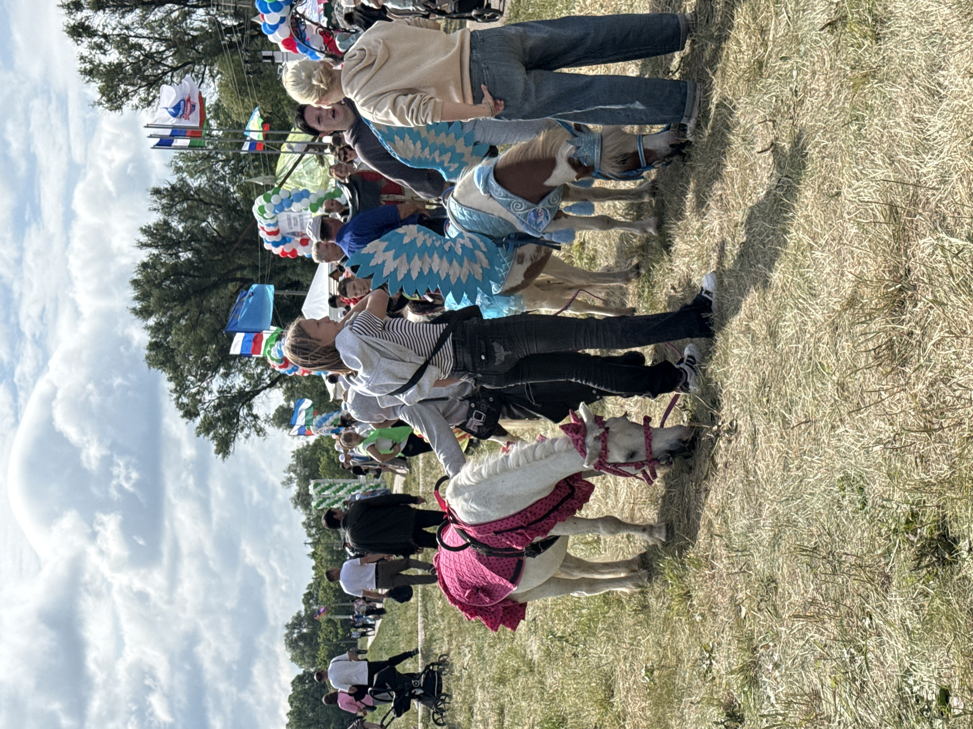 The image depicts a public event held outdoors in the city of Nurykeevo, Russia, on a sunny day with scattered clouds. In the foreground, two small horses, or ponies, are present. One white pony is adorned with a pink and black ruffled blanket and matching headwear. It is grazing on the dry, mown grass. A second pony, with brown and white markings, is wearing a blue costume featuring decorative wings and a crown-like headpiece. It is also grazing, with its head lowered.
Several individuals are interacting with or observing the ponies. Two young women are prominent, one in a striped shirt and jeans standing beside the white pony, and another in a beige hooded sweatshirt and jeans, facing away from the camera and toward the brown and white pony. A woman with dark hair in a gray hooded sweatshirt stands between them. Other people, including adults and children, are visible in the background, some walking and others gathered in groups.
The environment suggests a festive or fair-like atmosphere, with a large archway made of red, white, and blue balloons visible in the middle ground. Several flags are also flying in the background, including the Russian flag. Trees line the distant horizon. The ground is covered with dry, yellowish grass. The overall scene is one of a community gathering, possibly a festival or local celebration.