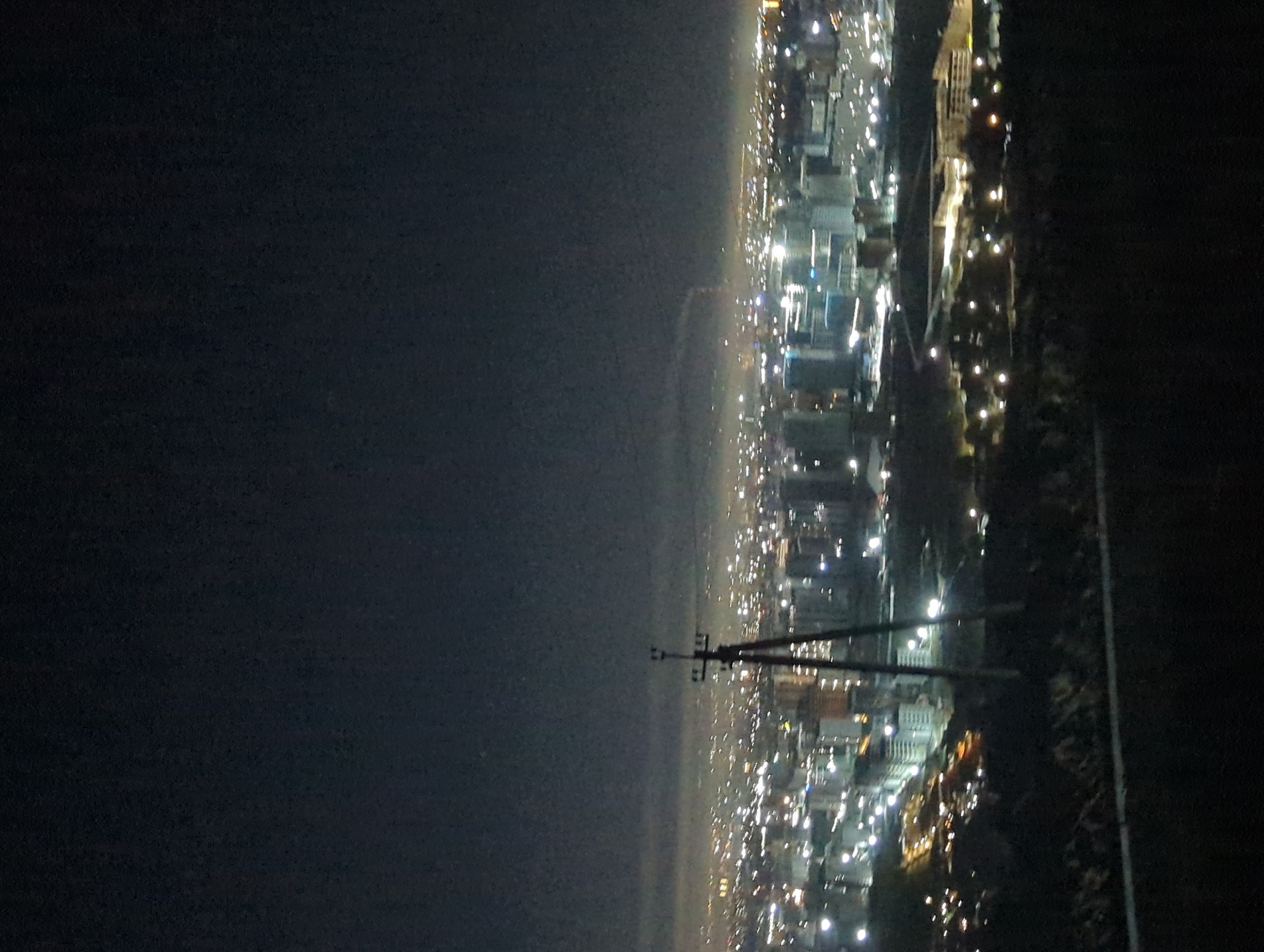 The image depicts a night view of Bishkek City, Kyrgyzstan. Illuminated buildings and streets stretch towards the horizon. On the left, there's a dark expanse, possibly representing open land or a body of water. A silhouette of a utility pole is visible in the foreground, adding to the urban landscape. The overall impression is a nighttime panorama of the city.