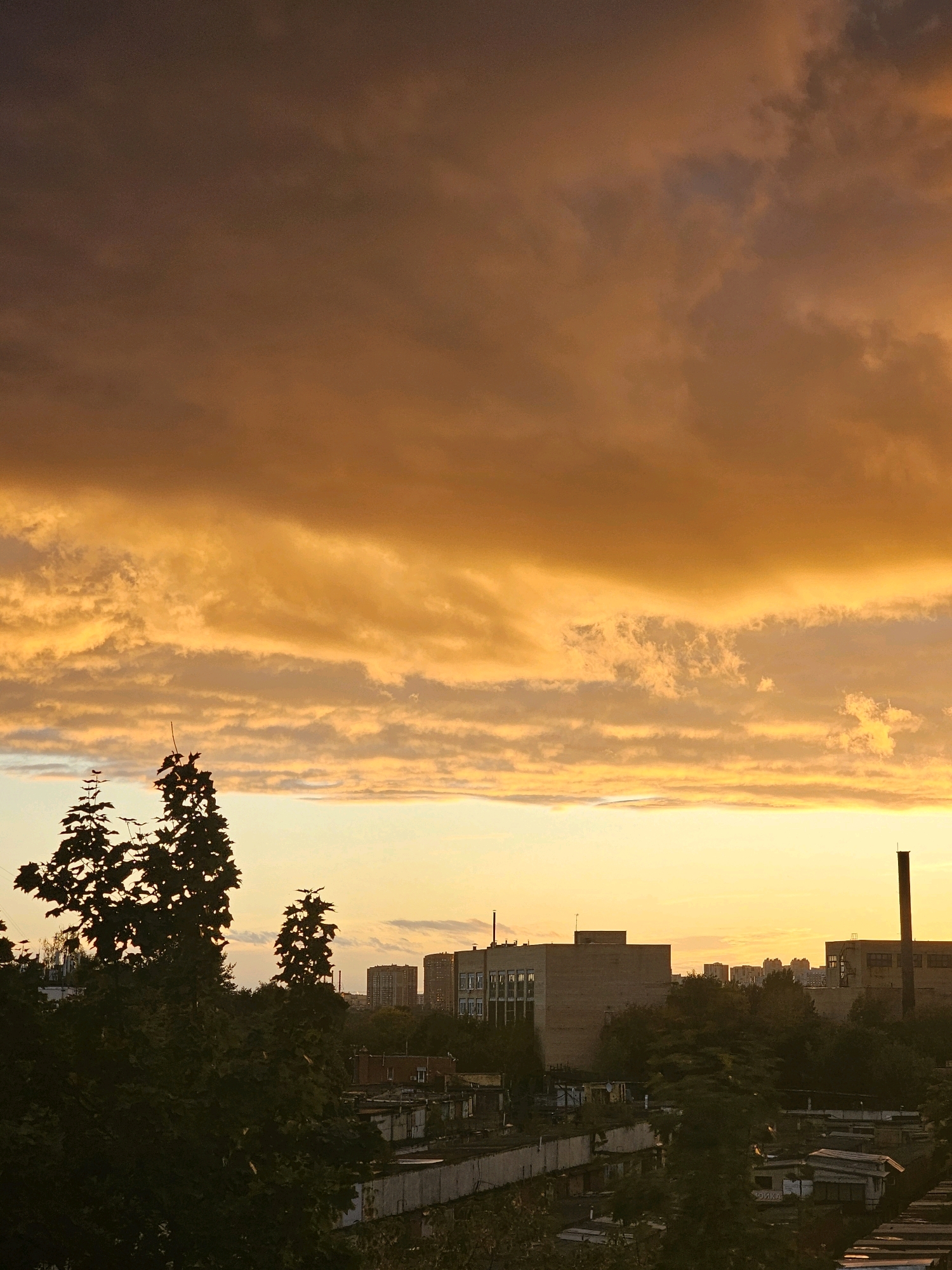 The image depicts a cityscape at sunset, with a striking sky filled with warm, orange and yellow clouds. In the foreground, dark green trees partially obscure a view of buildings. These buildings appear to be a mix of industrial or factory structures and residential apartment blocks. One prominent structure on the right side of the image is a tall, dark chimney stack. The sky is the dominant feature, with layers of clouds creating a dramatic and colorful backdrop. The scene is likely set in an urban or industrial area, with hints of residential buildings further in the distance.