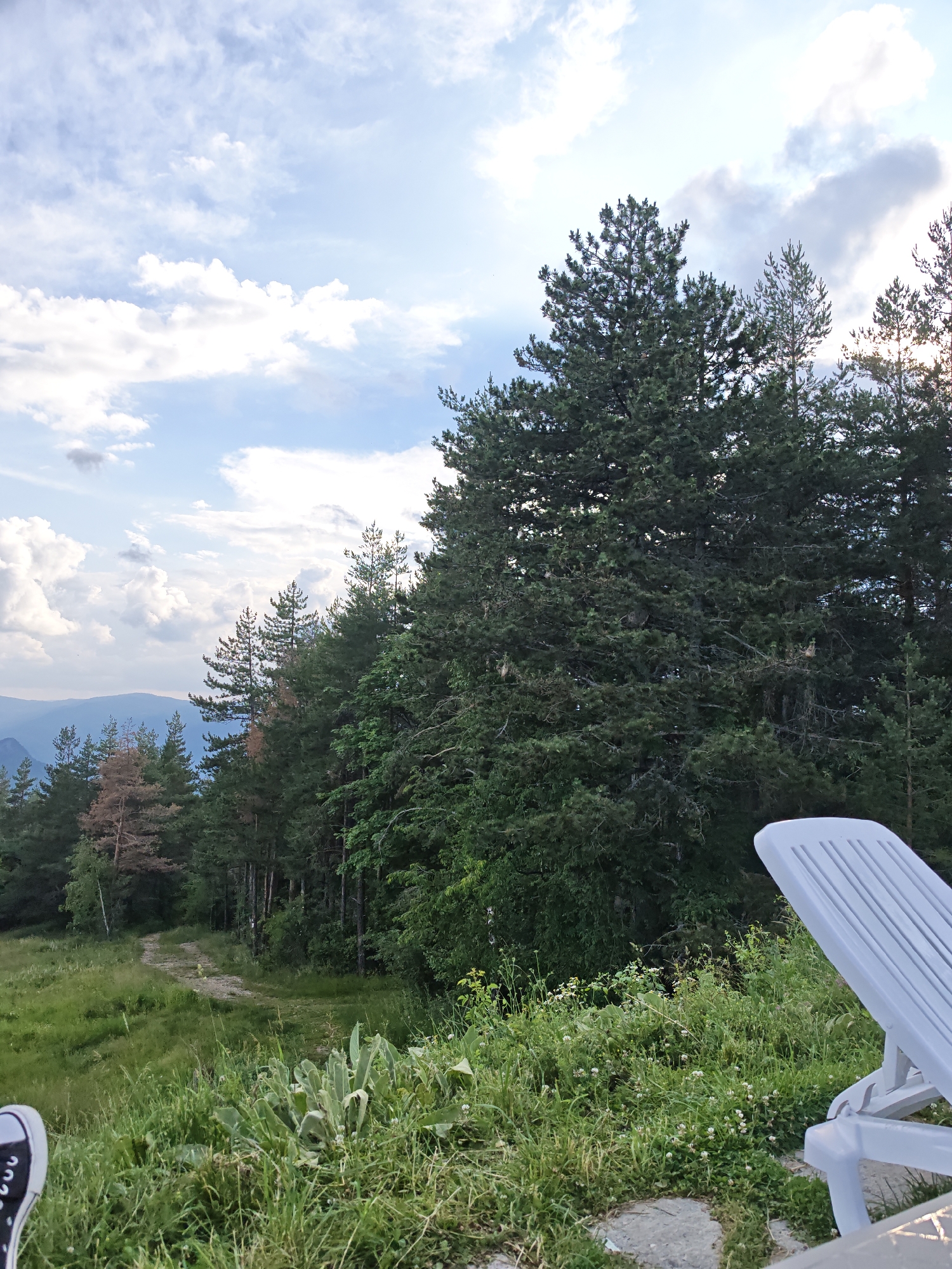 The image depicts a scenic outdoor view from Dobrostan, Bulgaria. In the foreground, a white plastic lounge chair is positioned on a stone patio, partially obscured by lush green grass and small white wildflowers. The leg of a person wearing black sneakers is visible in the lower left corner of the frame. Beyond the immediate foreground, a winding dirt path leads into a dense forest of evergreen trees. In the background, rolling hills are visible under a sky filled with a mix of white cumulus clouds and blue sky. The lighting suggests it is daytime, likely late afternoon, with the sun casting a gentle glow.