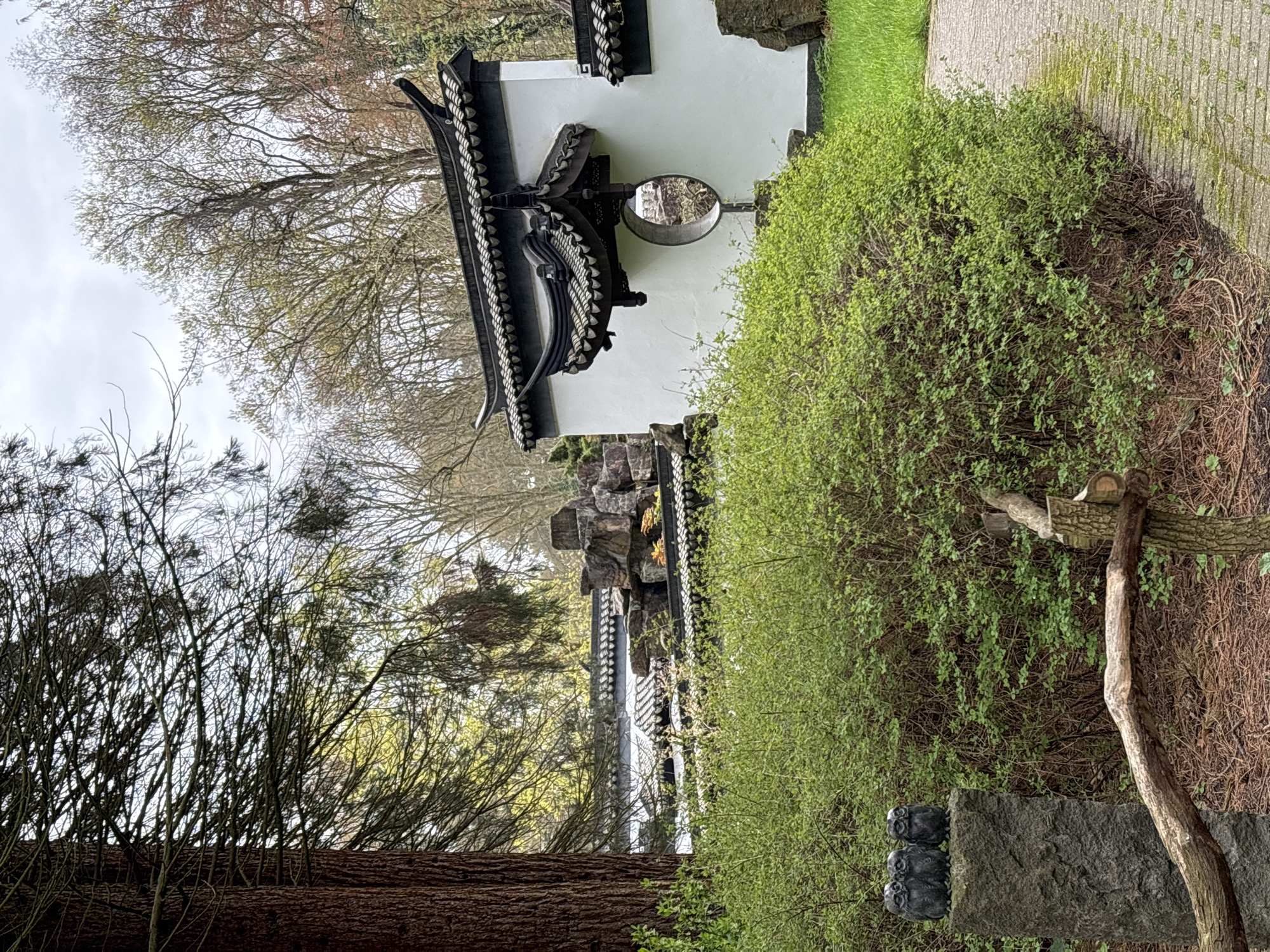 The image shows a portion of the Portland Classical Chinese Garden in Portland, Oregon. A white wall with a traditional black tiled roof is prominent, featuring a circular window. A lush green bush is positioned to the right of the wall, and bare-branched trees are visible in the background. A stone sculpture resembling faces and a wooden branch are in the foreground.