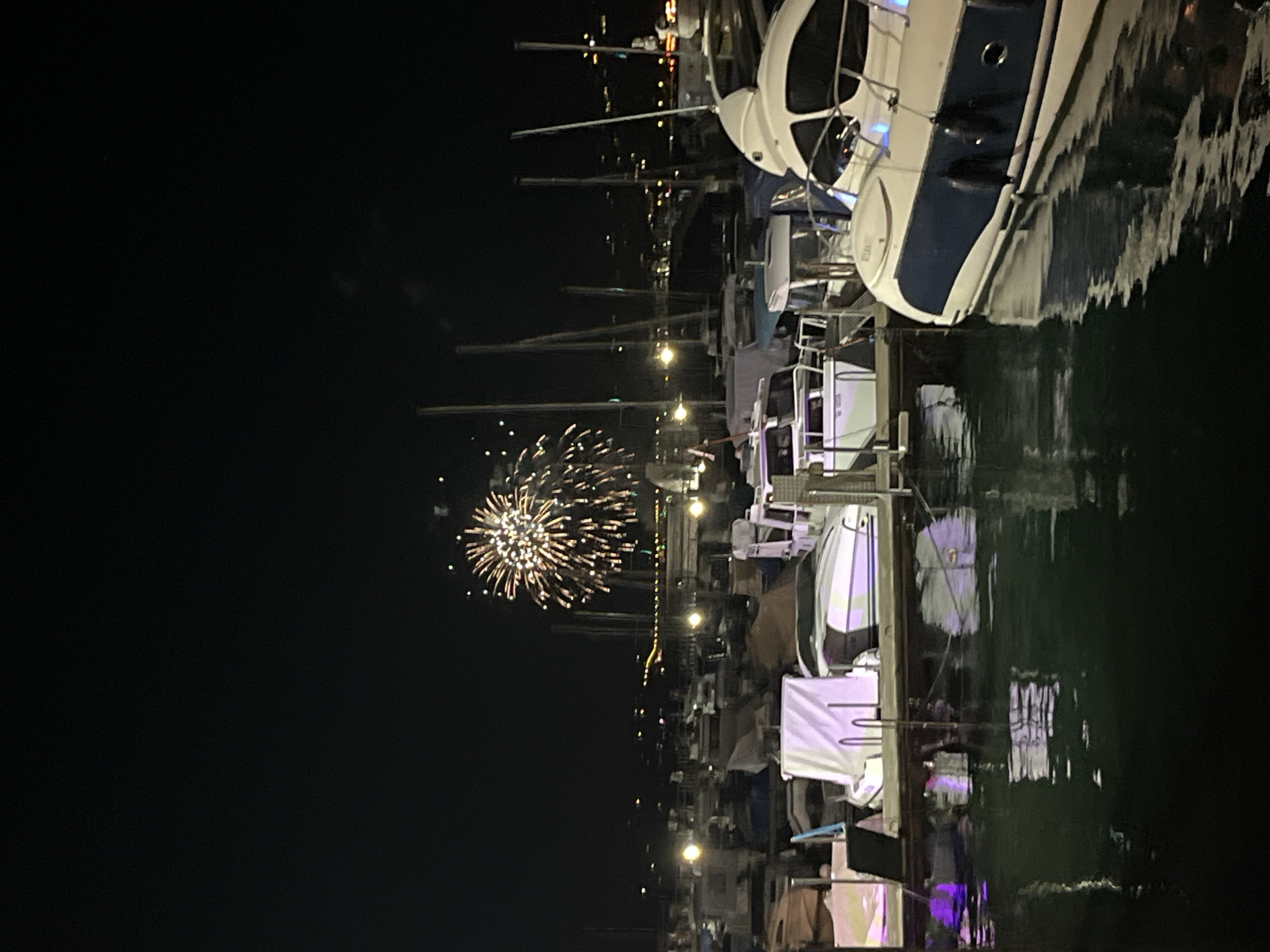 In Geneva, Switzerland, at night, fireworks explode in a dark sky above a marina filled with boats. The marina is illuminated by artificial lights, casting reflections on the water. Several boats of varying sizes are docked, some covered with tarps. The foreground features the side of a white and blue motor yacht, with its reflection visible in the water. In the background, more boats and distant lights suggest the presence of a city.