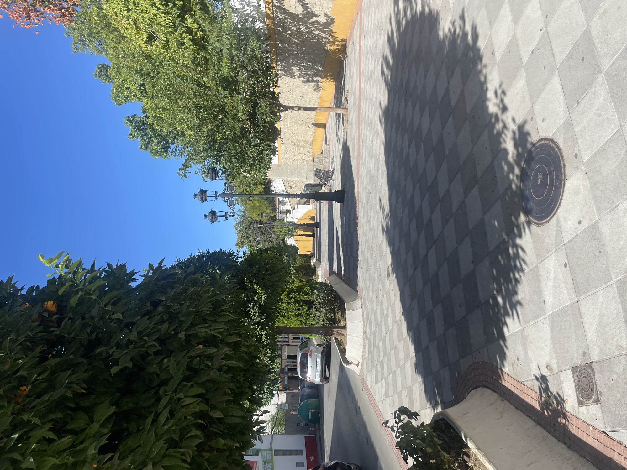 The image depicts a sunlit street in Atarfe, Spain. On the left, a sidewalk is bordered by a concrete planter with greenery. A silver car is parked on the street. Across the street, a white building with a red stripe is visible, along with two large green trash bins. Further down the sidewalk, trees with lush green foliage are planted. The sidewalk is paved with grey and white square tiles. A decorative lamp post with three lights stands on the right side of the sidewalk, casting shadows. Behind the lamp post, a stone wall with a yellow trim runs along the property line, and a bench is placed against it. The sky is clear and blue.