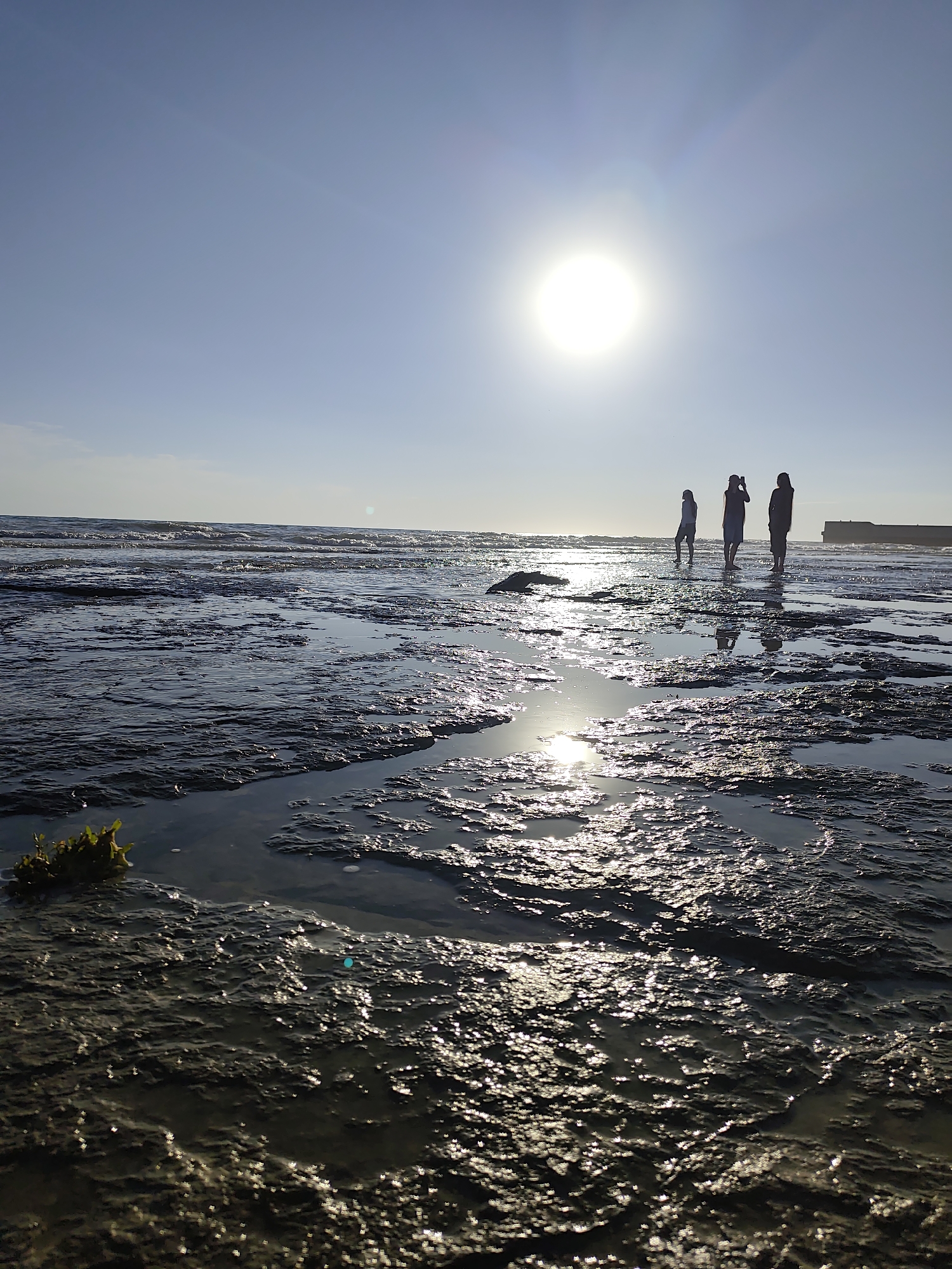 The image depicts a rocky shoreline at low tide under a bright sun. Three silhouetted figures stand in the shallow water in the midground, with one figure appearing to hold a phone. The foreground is dominated by dark, wet rocks with puddles reflecting the sunlight. In the distance, the sea stretches to the horizon under a clear blue sky, with a breakwater or pier visible on the right. The scene is likely on the Caspian Sea coast near Aktau, Kazakhstan, known for its rocky shores and industrial structures.