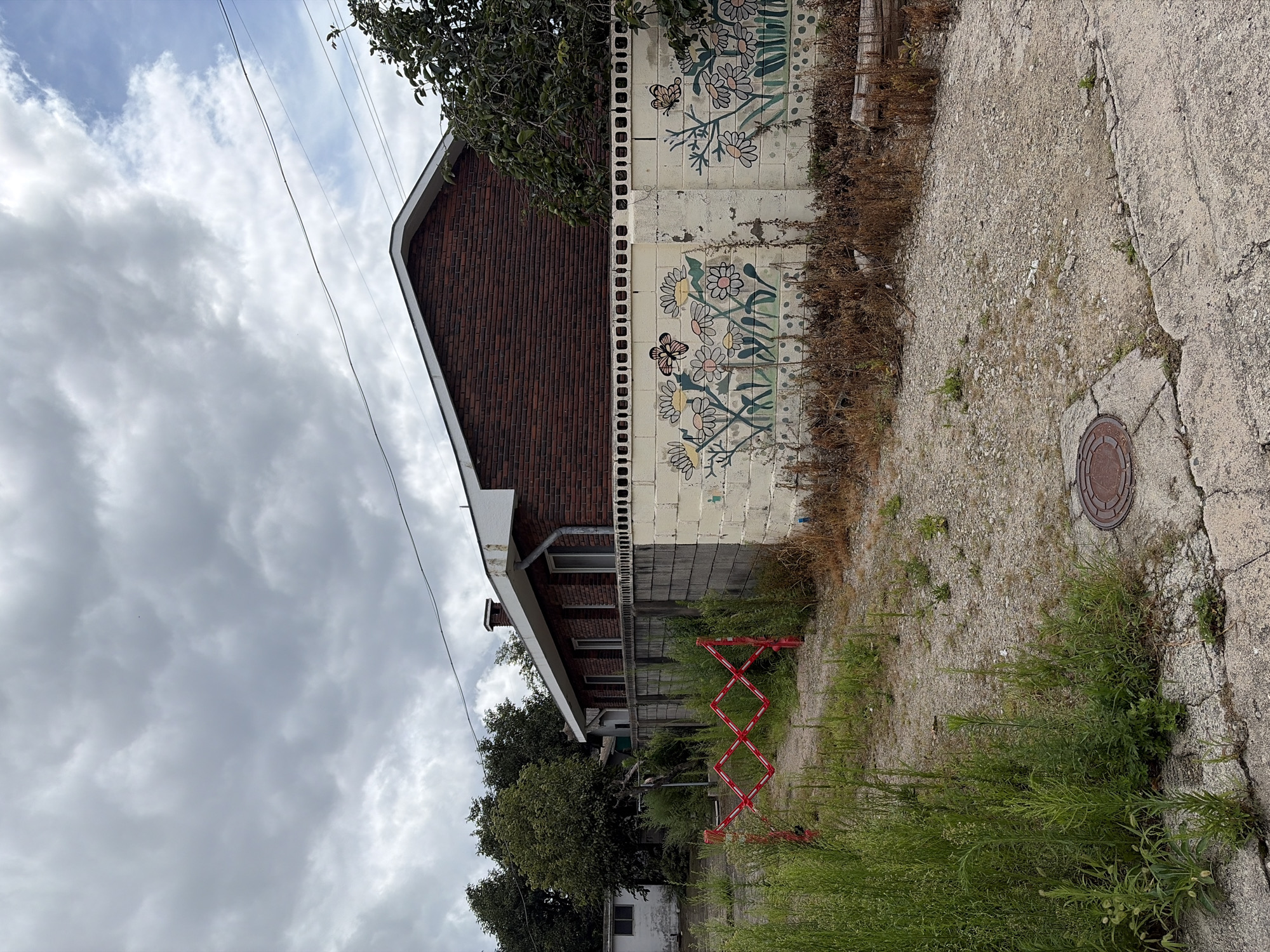 The image depicts an outdoor scene in Jugwang-myeon, South Korea, characterized by a brick building with a white-trimmed roof and a cinder block wall adorned with a mural of flowers and butterflies. The wall is painted primarily in white and yellow, with stylized depictions of daisies and butterflies. To the left of the wall, overgrown green weeds and dry brush are prevalent, partially obscuring a red, expandable barrier. A small, white building with a dark roof is visible behind the weeds on the far left. The ground surface consists of gravel and cracked concrete, with a metal manhole cover visible in the lower center of the frame. A large tree with dark green foliage is situated to the right of the brick building, partially covering the mural. The sky above is overcast with dramatic, grey clouds.