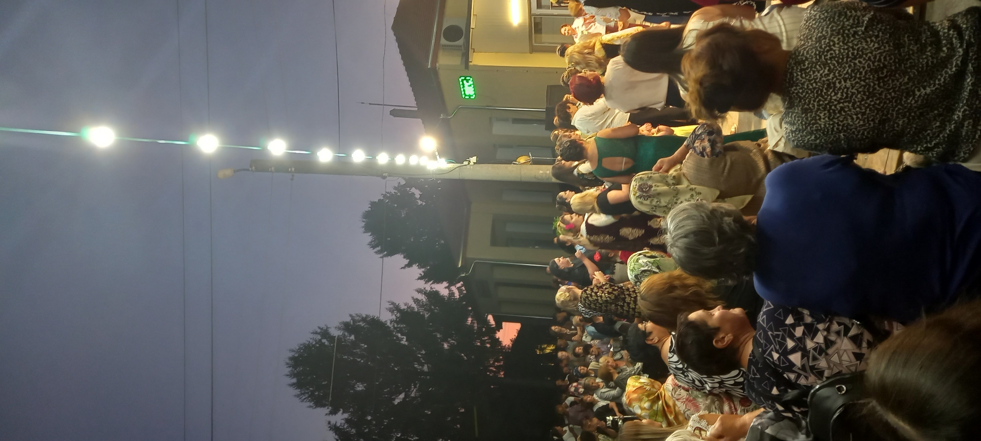 The image depicts an outdoor gathering of people in Lyuben, Bulgaria, at dusk. A string of illuminated bulbs stretches vertically along a utility pole, casting a warm glow on the scene. In the background, silhouetted trees stand against the twilight sky, and a building with a prominent green illuminated sign is visible. The foreground is occupied by a crowd of individuals, many of whom are women wearing headscarves and patterned clothing, suggesting a community event or festival. Some are seated, while others appear to be standing and engaged in conversation or observing an activity. The atmosphere seems relaxed and convivial, typical of a local celebration.