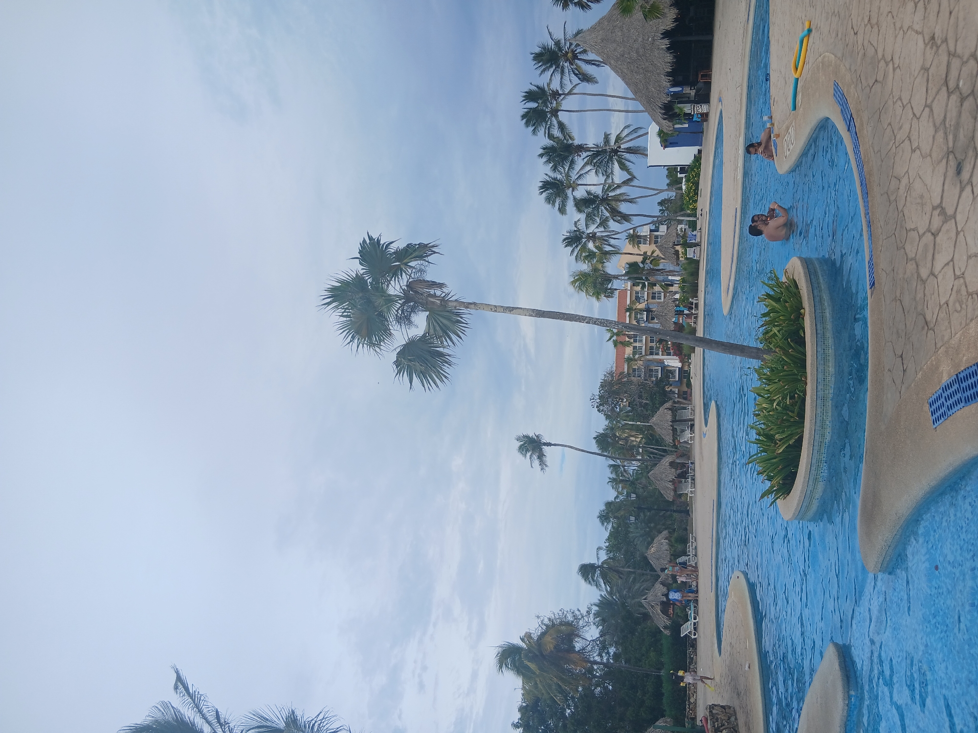 The image captures a resort scene in Playa El Agua, Venezuela. A free-form swimming pool with blue water dominates the foreground, with two individuals partially submerged in the pool. The pool is surrounded by light-colored paving stones. Palm trees of various sizes are scattered throughout the scene, extending upwards into a partly cloudy sky. Some palm trees are interspersed with thatched-roof structures. Buildings are visible in the mid-ground, and vegetation is present in the lower portion of the image.