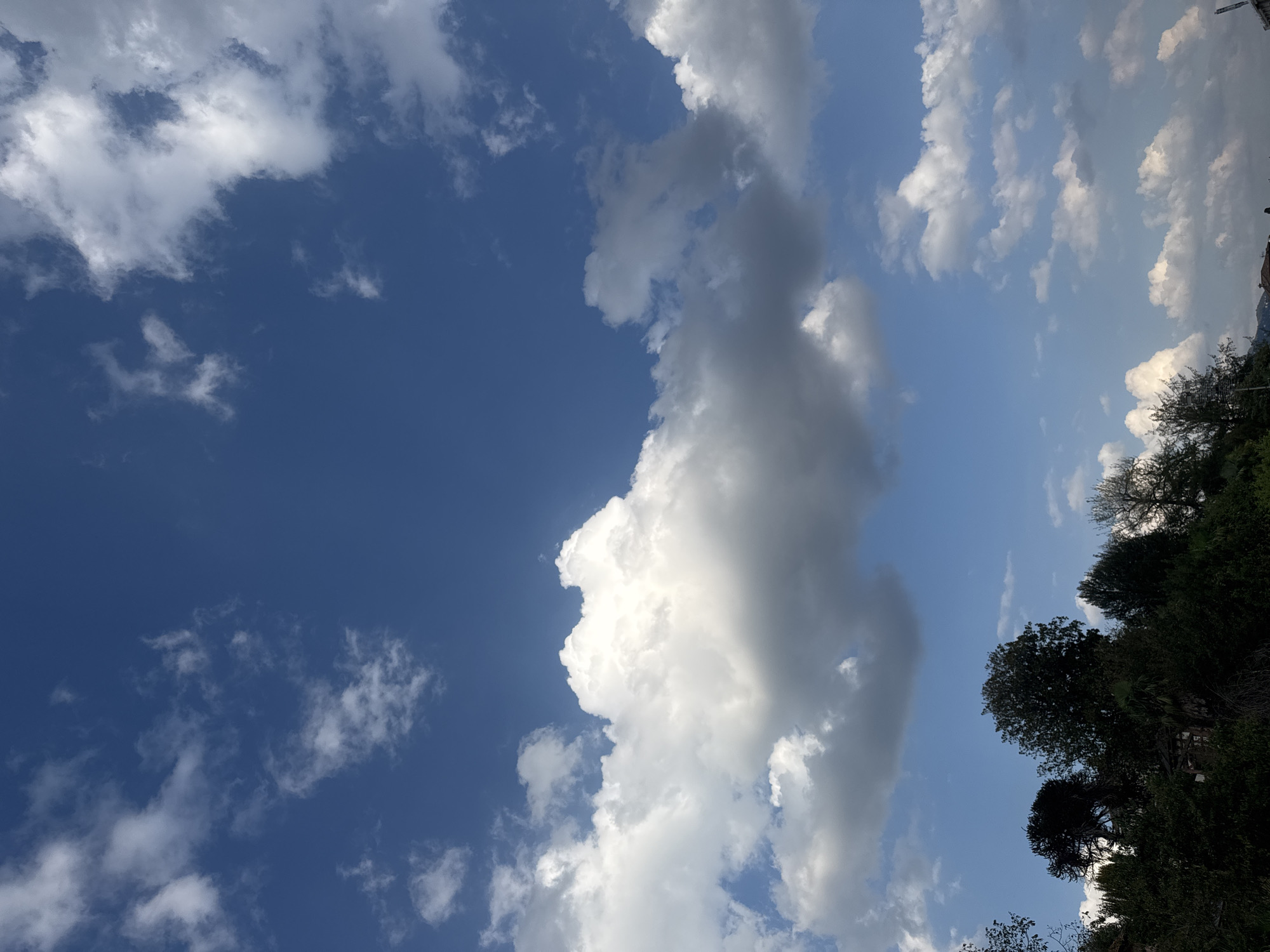 The image shows a view of the sky from Balerna, Switzerland, on a clear day with scattered clouds. The sky is a vibrant blue, with fluffy white clouds of various sizes drifting across it. In the foreground, the tops of trees and some buildings are visible, silhouetted against the bright sky. The overall impression is one of a serene and picturesque landscape.