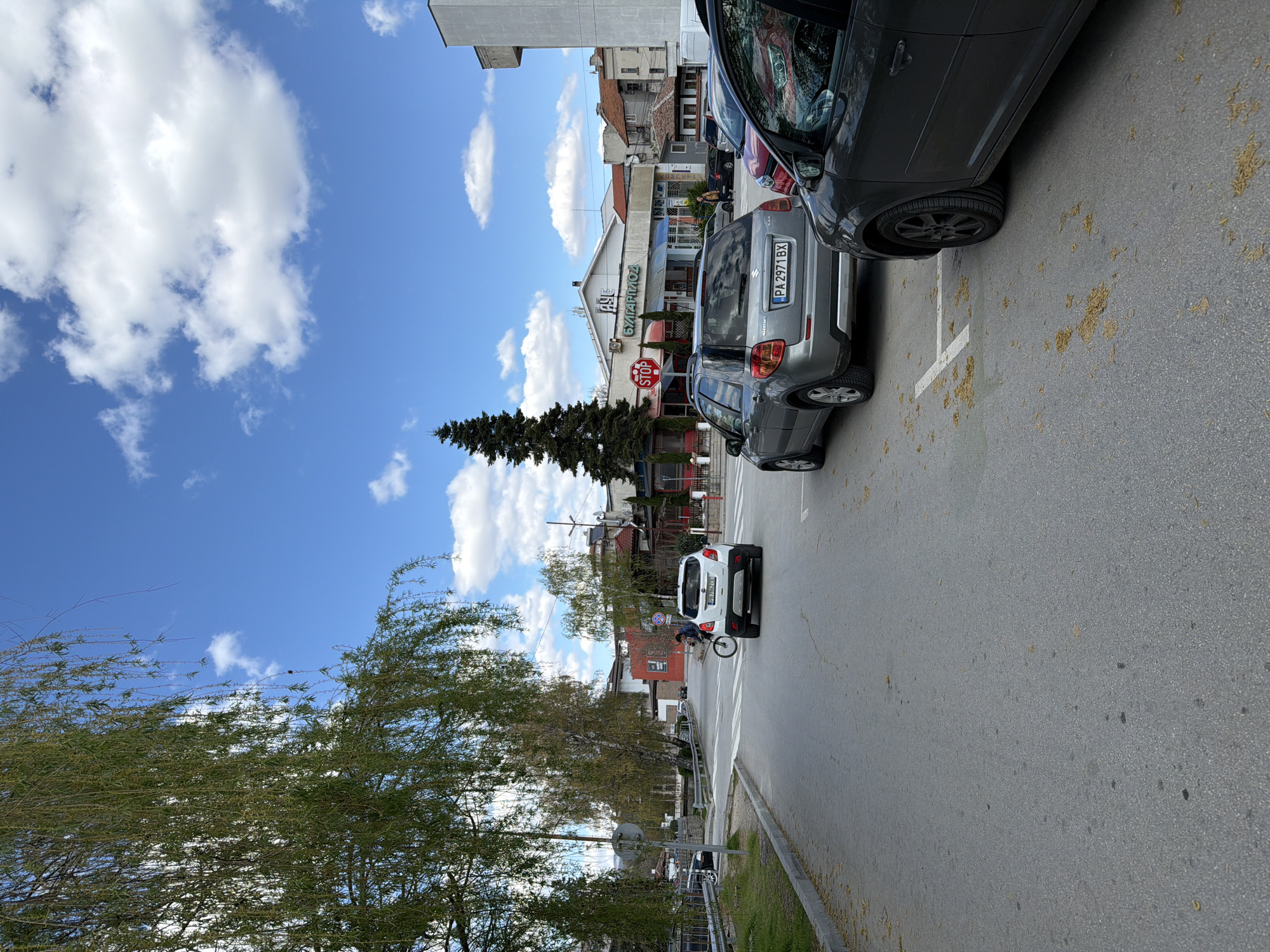 The image shows a street scene in Panagyurishte, Bulgaria, featuring several parked cars along the right side of the road, a bicycle and a person riding it in the middle of the street. There are trees on the left side of the road, and the buildings are visible in the background. The sky is blue with some clouds.