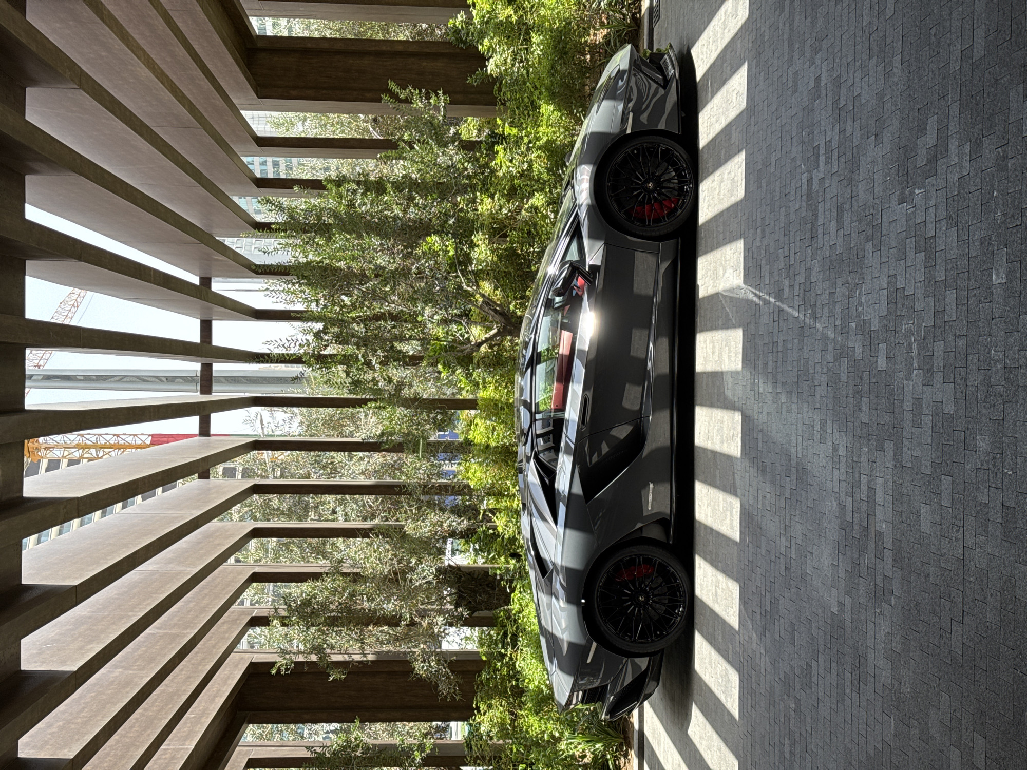 A gray Lamborghini is parked on a gray tiled surface in front of foliage and a building facade with horizontal, evenly-spaced, slat-like structures. A crane is visible in the background. The location is Dubai, United Arab Emirates.