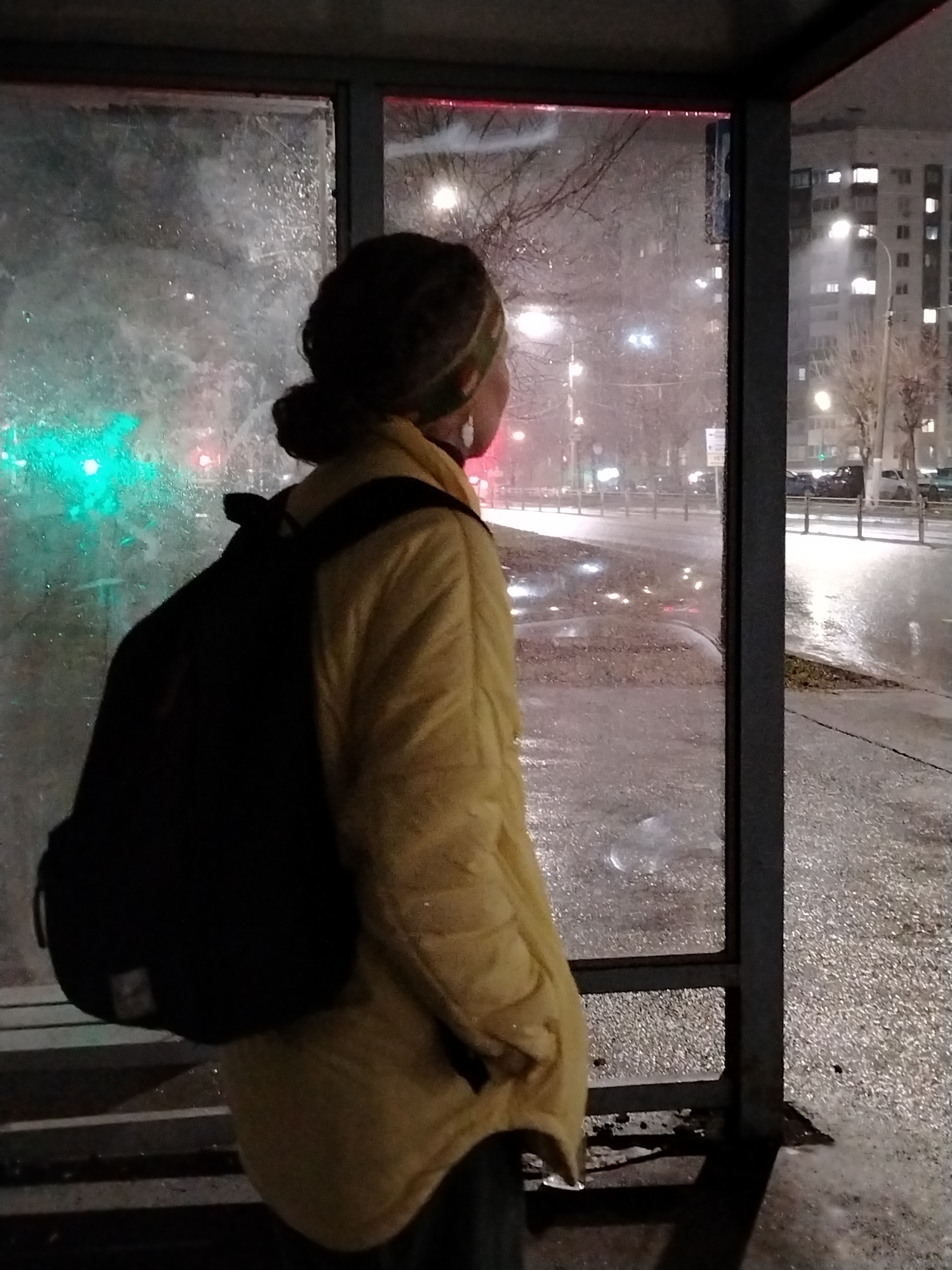 A woman with dark hair pulled into a bun, wearing a yellow padded jacket and a black backpack, stands inside a bus shelter on a rainy night. The shelter is constructed with dark metal framing and transparent panels, partly obscured by rain. Outside, a wet street reflects city lights. A building with many lit windows is visible in the background. A green traffic light illuminates the scene. The photograph appears to have been taken in Izhevsk, Russia.
